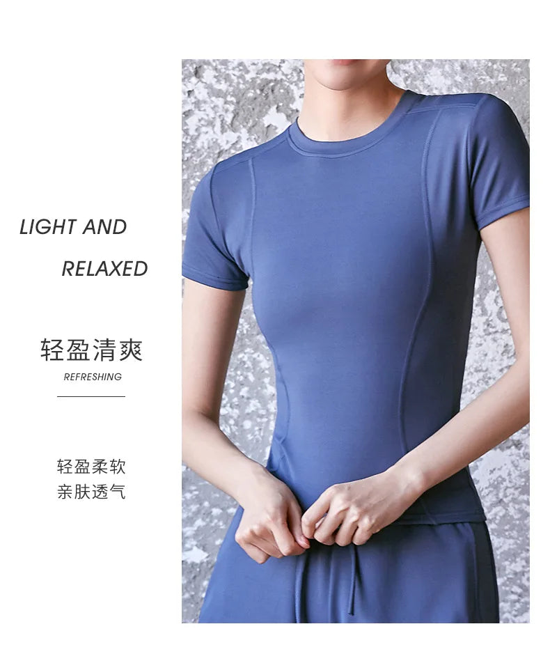 2024 Women's Sports Fitness Clothing Slim Running Sweat Absorbing Skinny Yoga Clothes Quick Drying Clothes Short Sleeved T-shirt