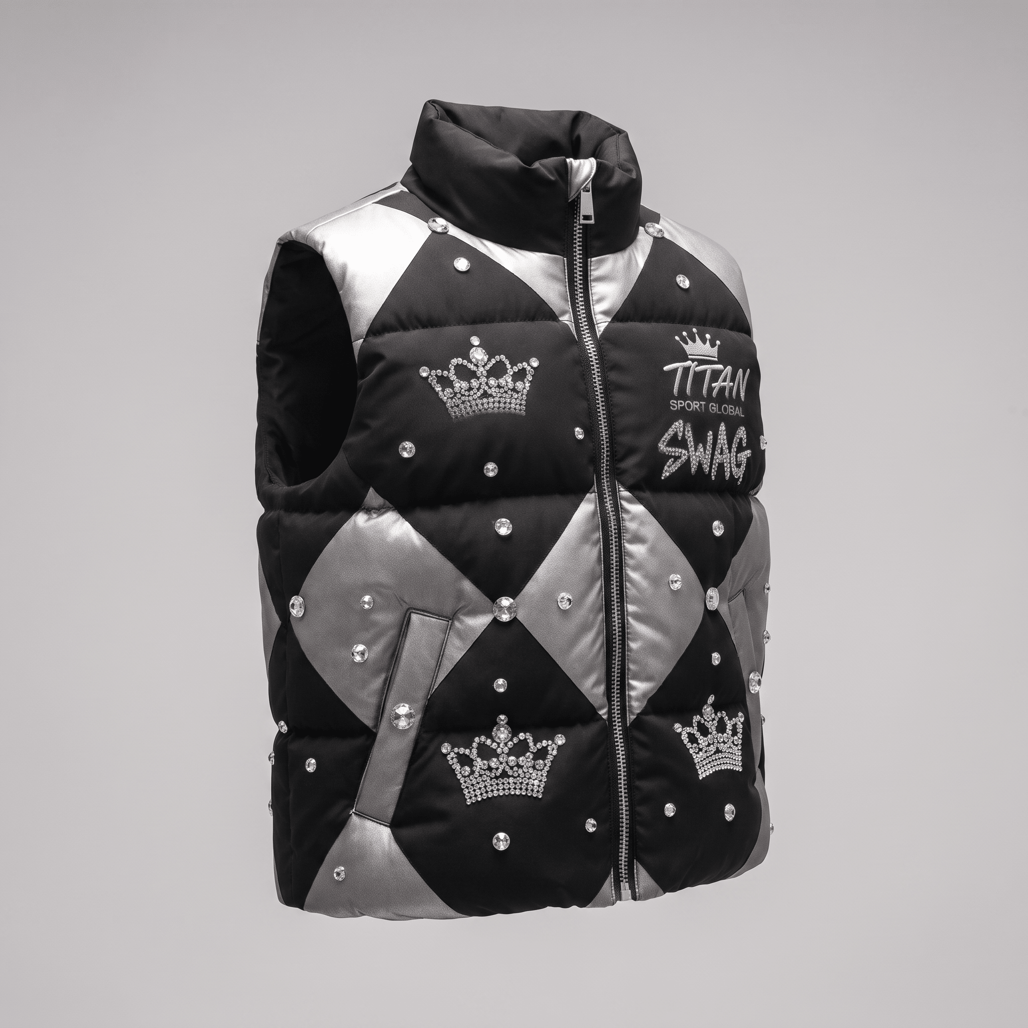 Black and silver puffer vest with argyle pattern, rhinestone crowns, and Titan Sport Global Swag graphics.