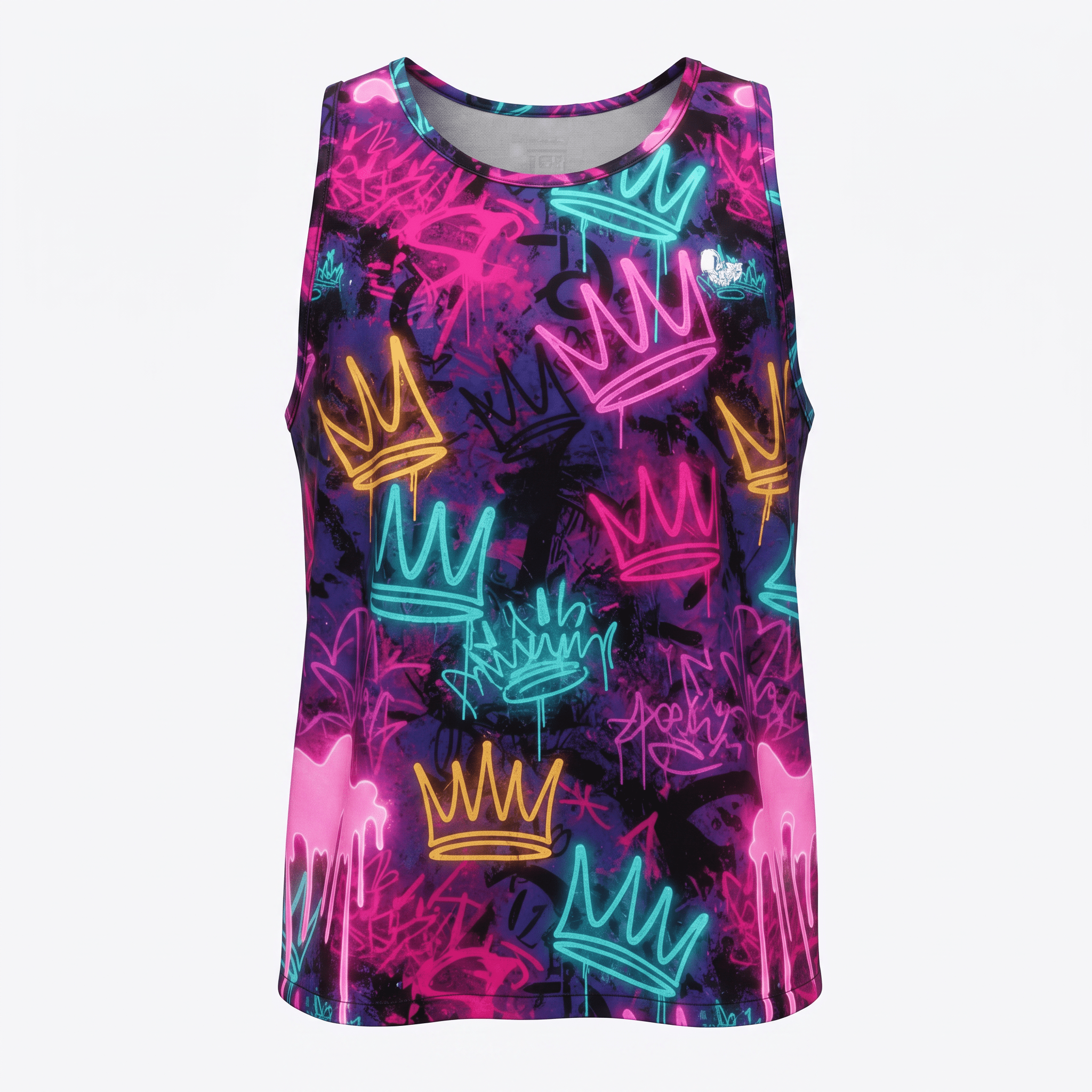 Black tank top featuring vibrant neon graffiti crown print in pink, blue, and yellow.
