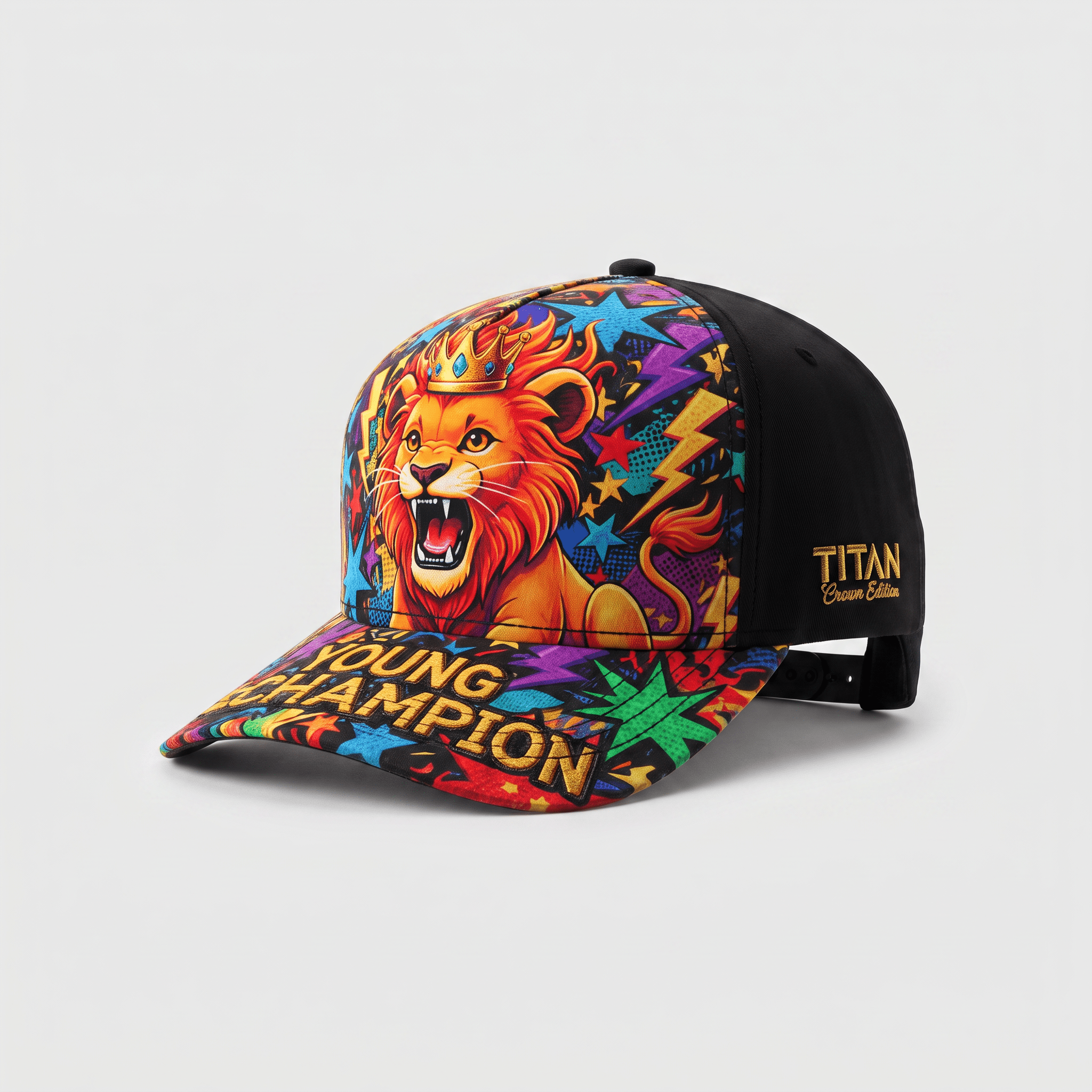 Black baseball cap featuring a colorful comic-style roaring lion graphic and Young Champion text on the brim.
