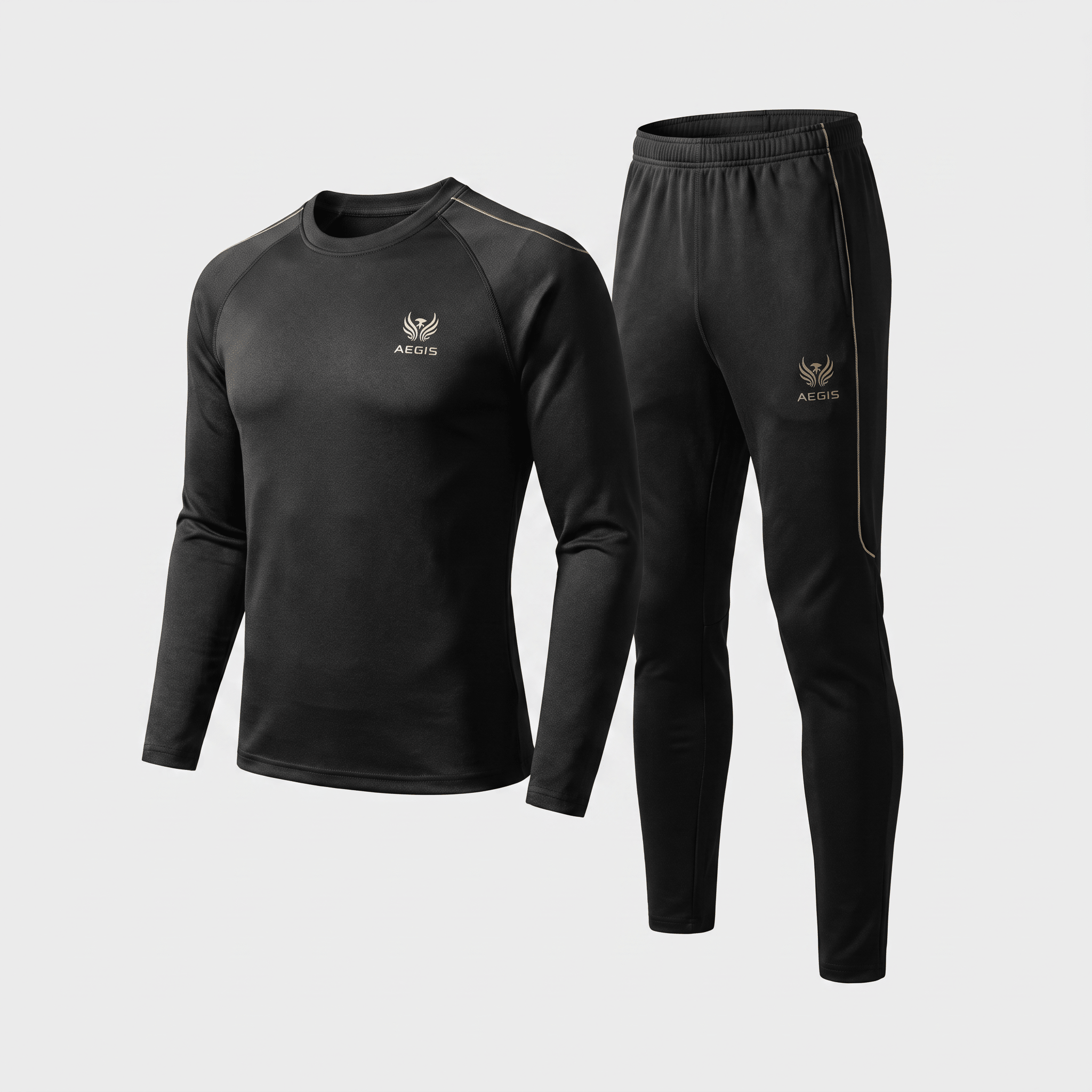 Black Aegis long-sleeve athletic shirt and matching sweatpants with subtle gold piping.
