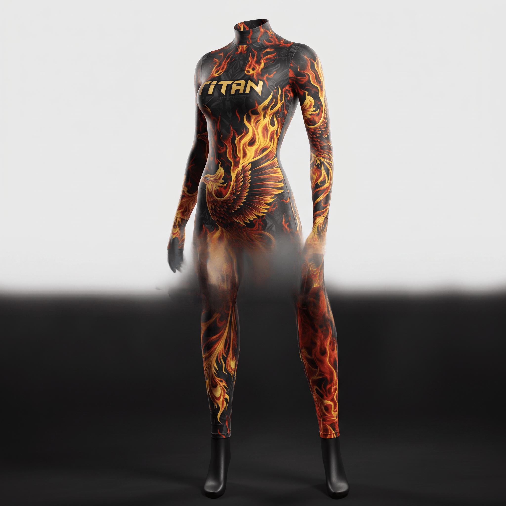 Black full-body morphsuit featuring a vibrant orange and yellow flame phoenix graphic and Titan logo.