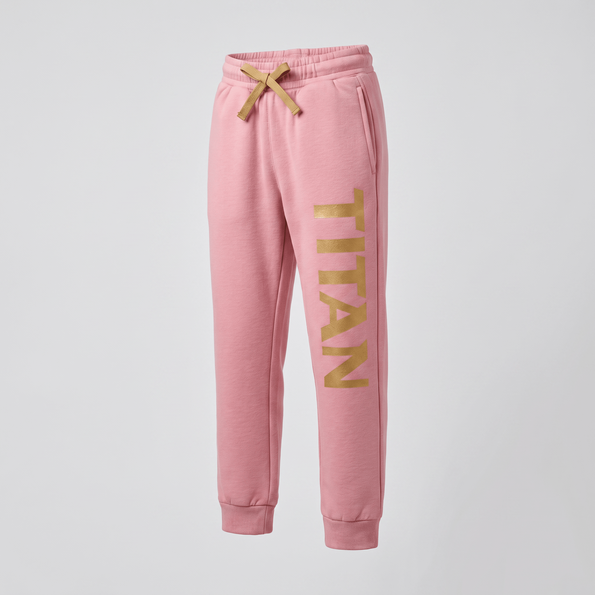 Pink joggers with a gold Titan logo down the left leg and a tan drawstring waist.