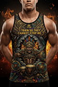 Titan Sport tank top featuring an Aztec warrior, fire, and the motivational text: "I train so they cannot stop me."