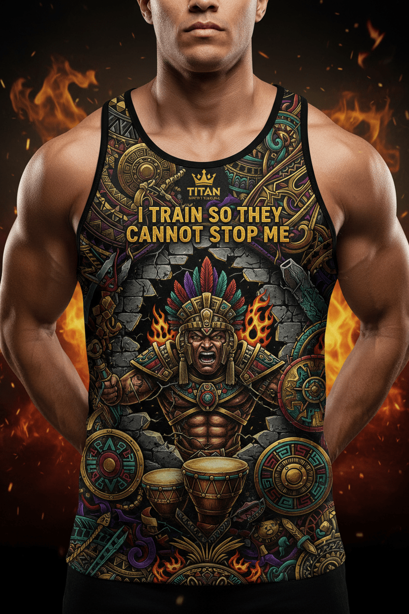Titan Sport tank top featuring an Aztec warrior, fire, and the motivational text: "I train so they cannot stop me."