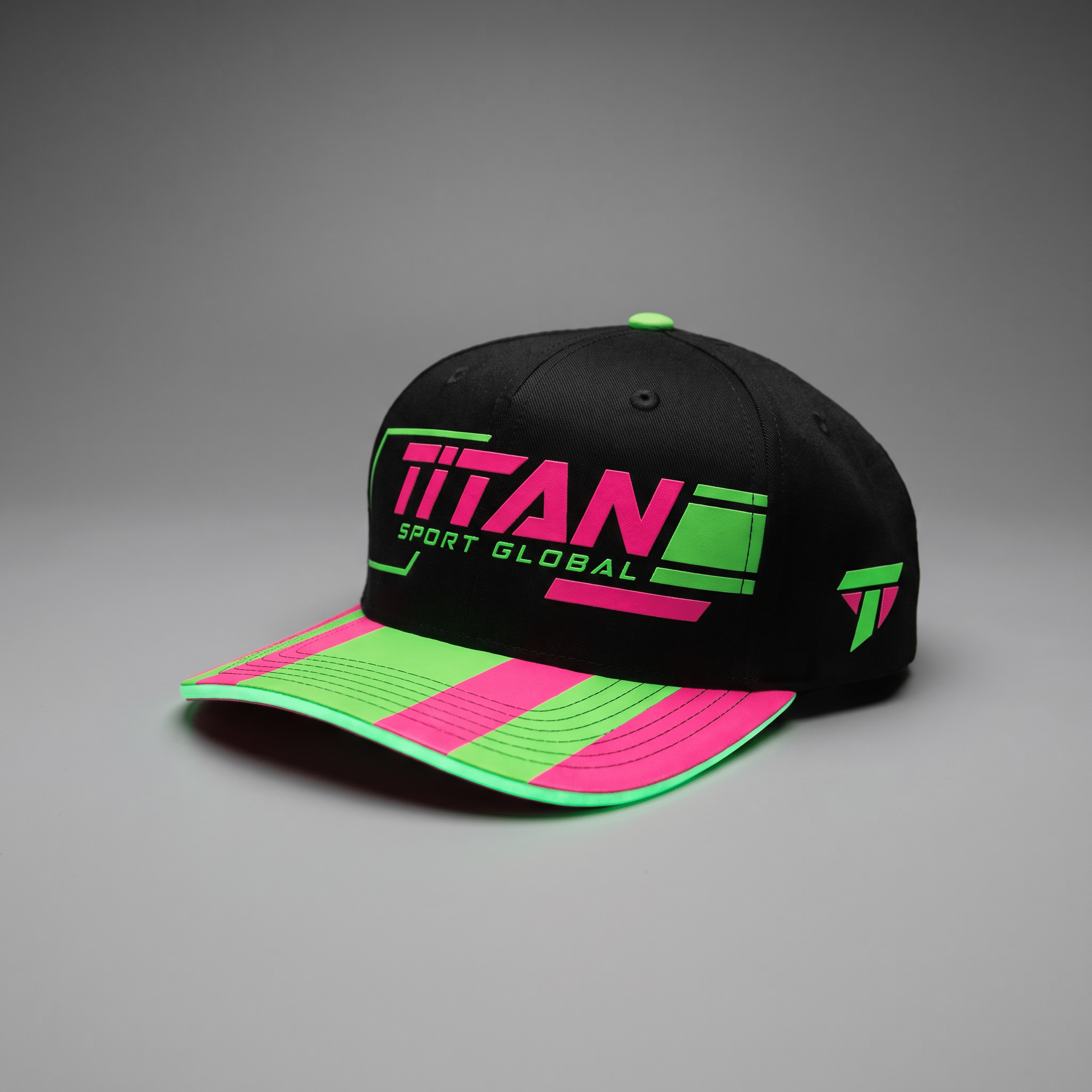 Black snapback hat with neon green and pink graphics reading Titan Sport Global and a striped brim.