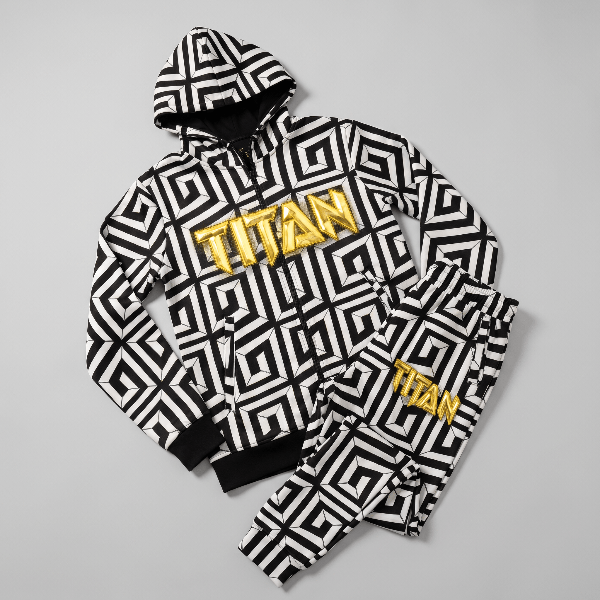 Black and white geometric print zip hoodie and joggers set with metallic gold Titan logo lettering.