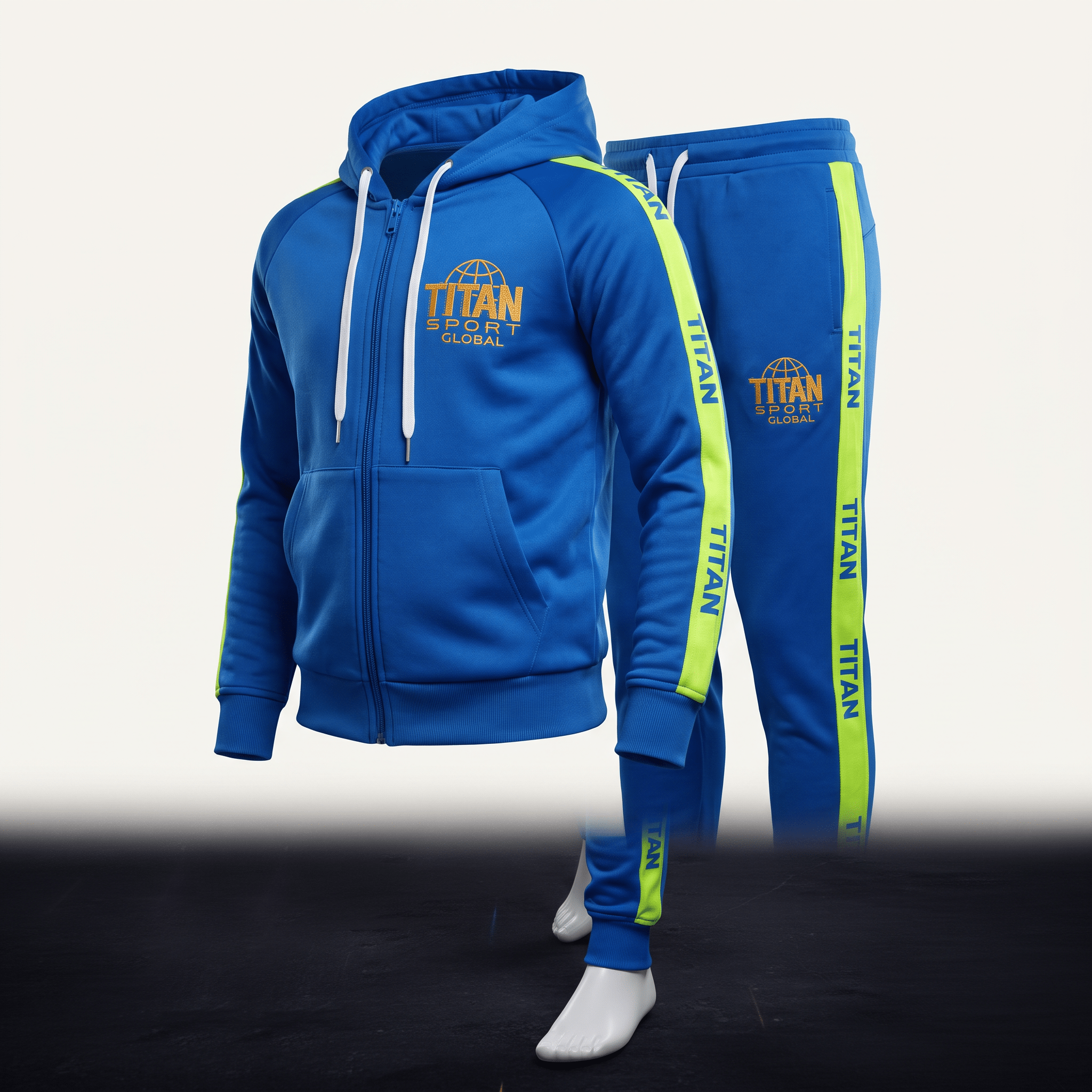 Blue tracksuit set with neon yellow side stripes and Titan Sport Global logos on the hoodie and pants.