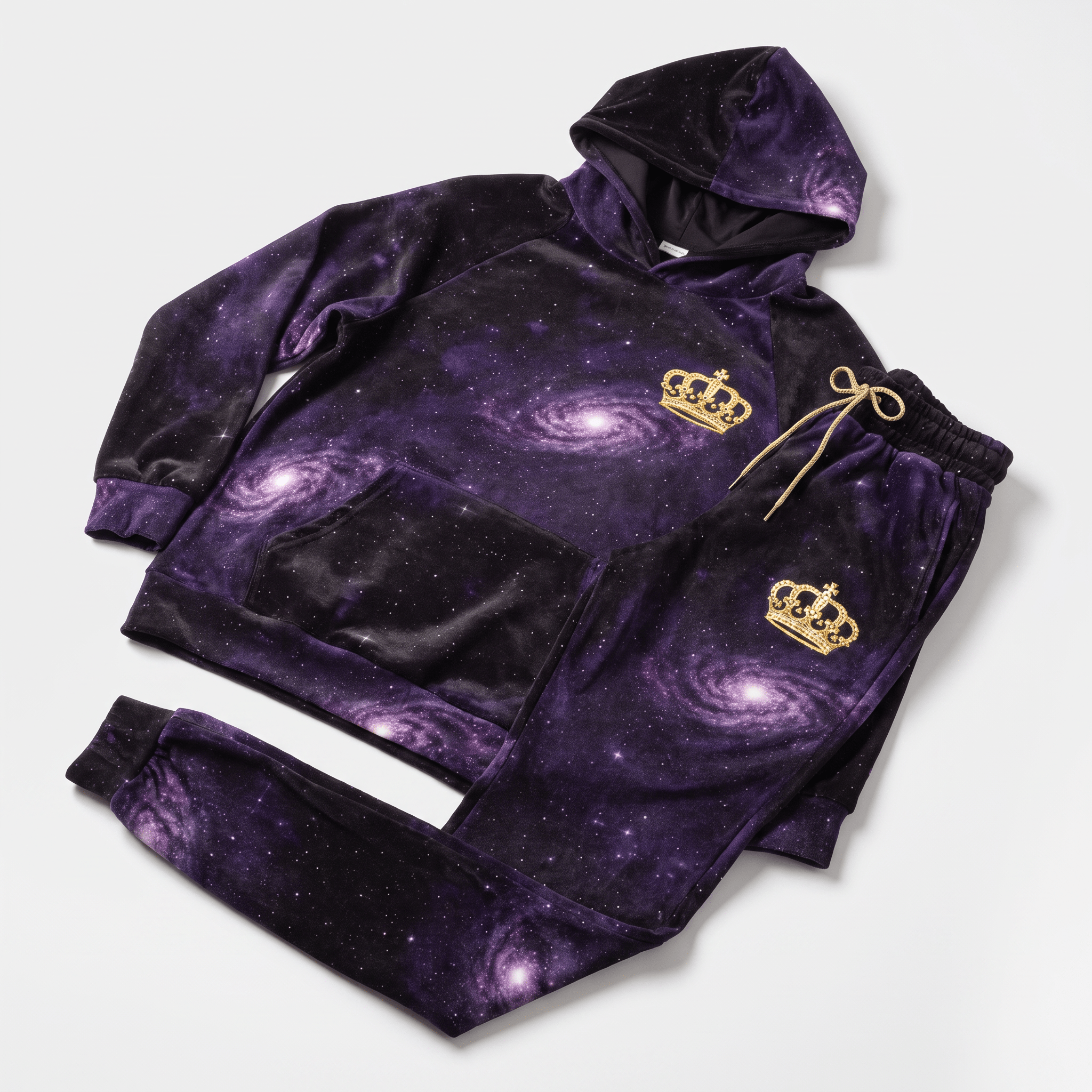 Purple galaxy print velour tracksuit with gold crown embroidery, featuring a hoodie and matching joggers.