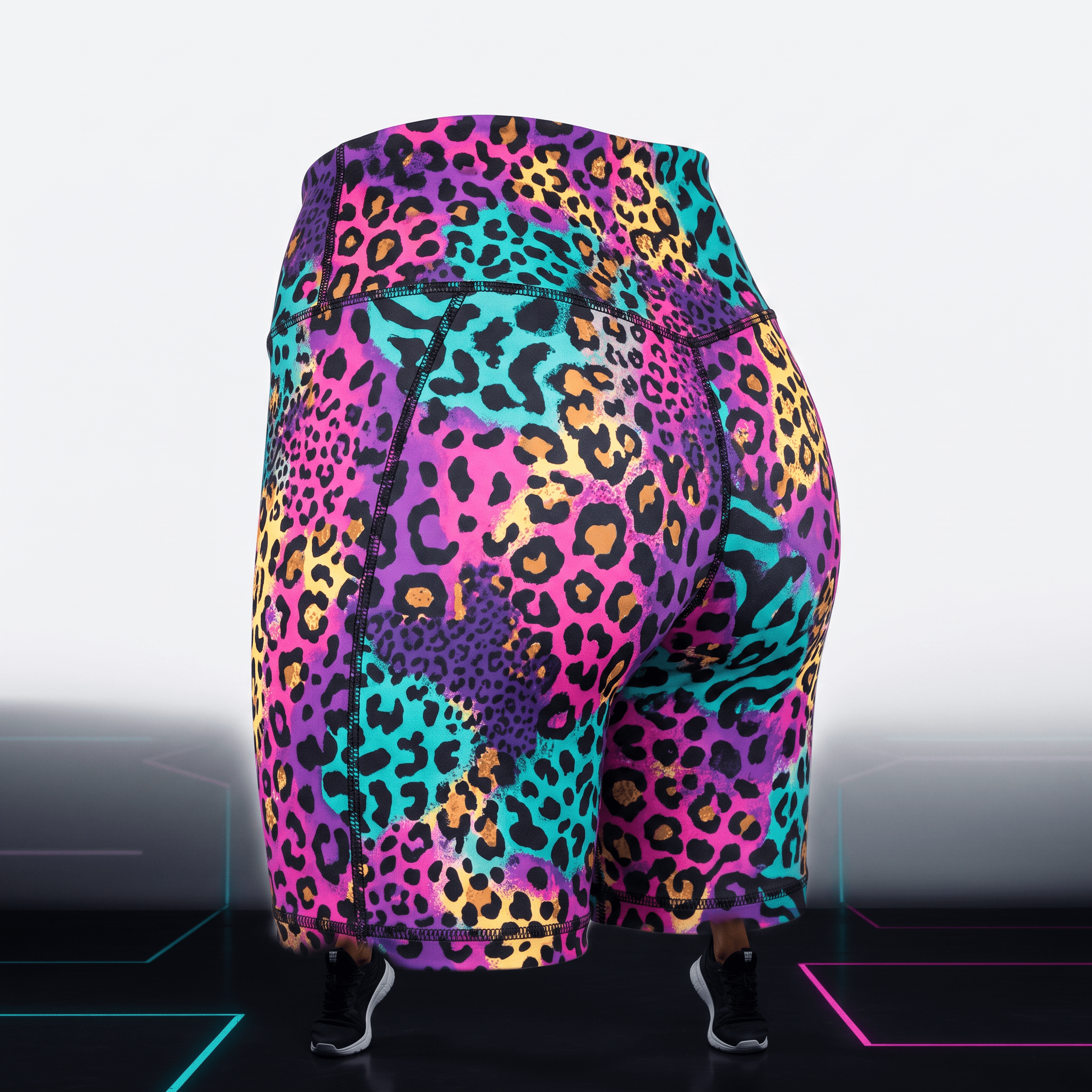 Back view of colorful neon leopard print athletic shorts with high waist.