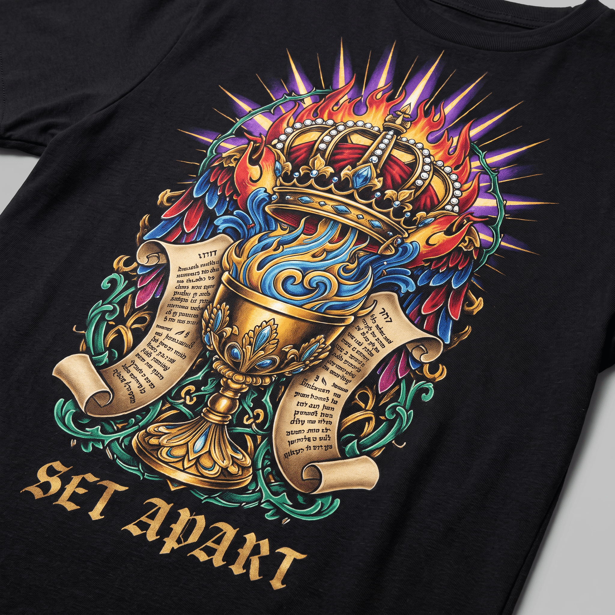 Black t-shirt with a colorful graphic of a golden chalice, crown, flames, scrolls, and text Set Apart.