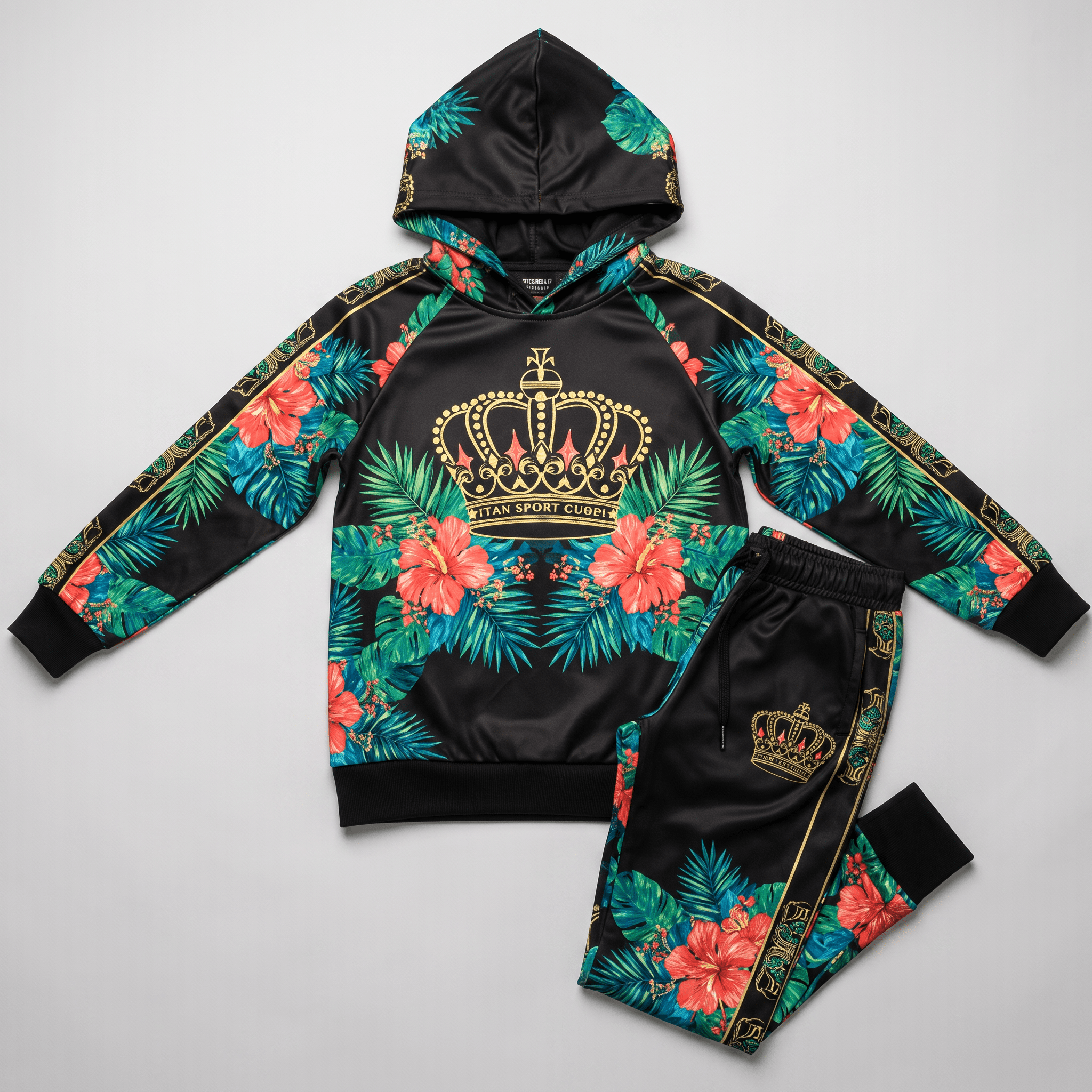 Black tracksuit with floral tropical print, gold crown graphic, and matching hoodie and joggers.