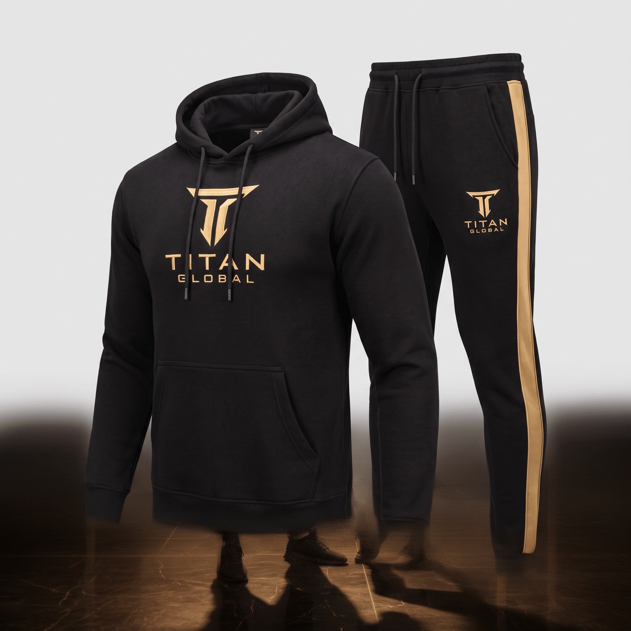Black and gold Titan Global tracksuit with hoodie and matching sweatpants.