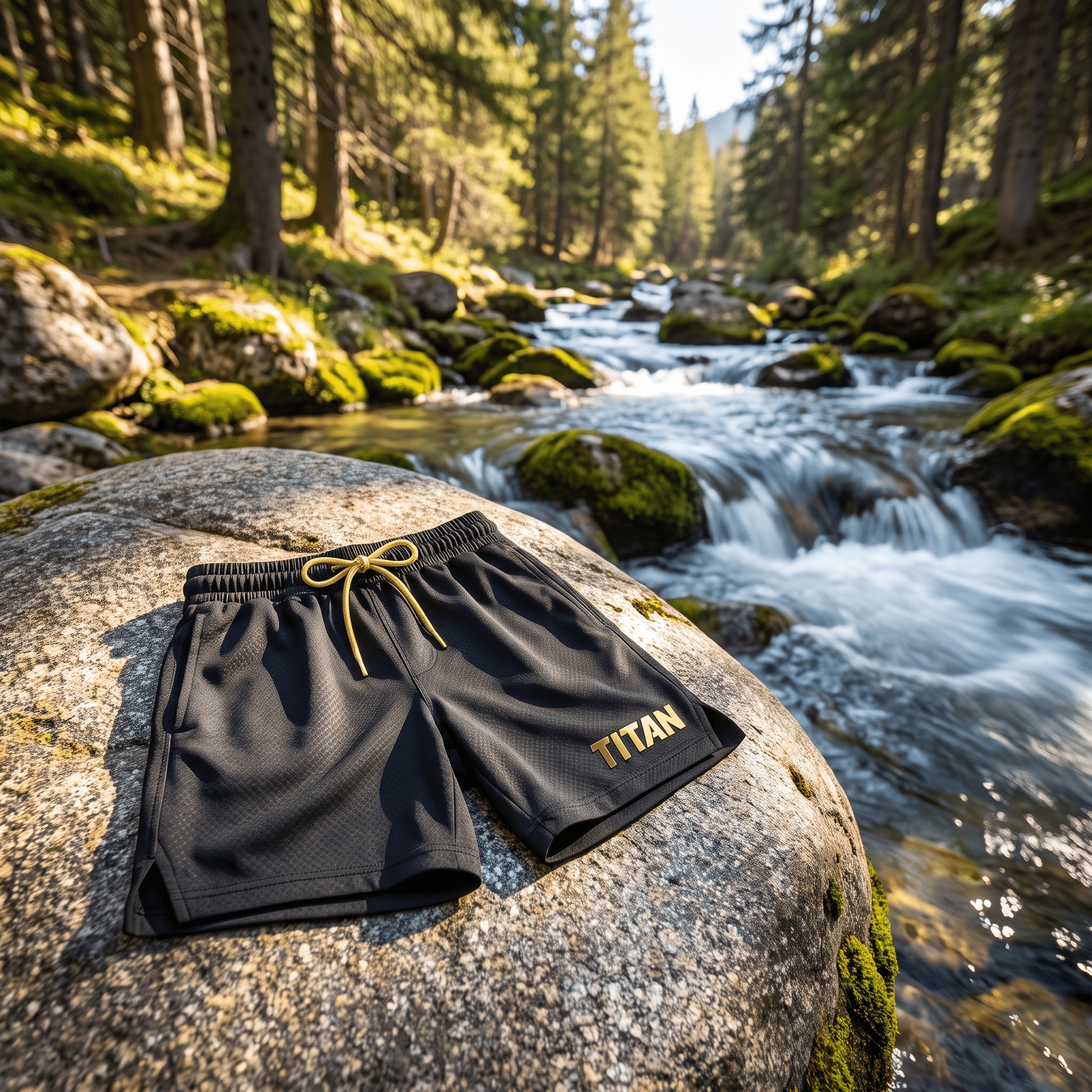 Black athletic shorts with gold drawstring and "TITAN" logo on a rock by a stream.