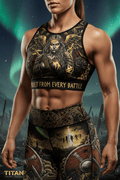 Titan Sport Global sports bra with Valkyrie graphic and "Built from every battle" text against a Viking-themed backdrop.