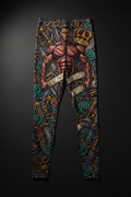 Titan Sport leggings featuring a scarred warrior, swords, and roses print with the text, "Built from every battle."