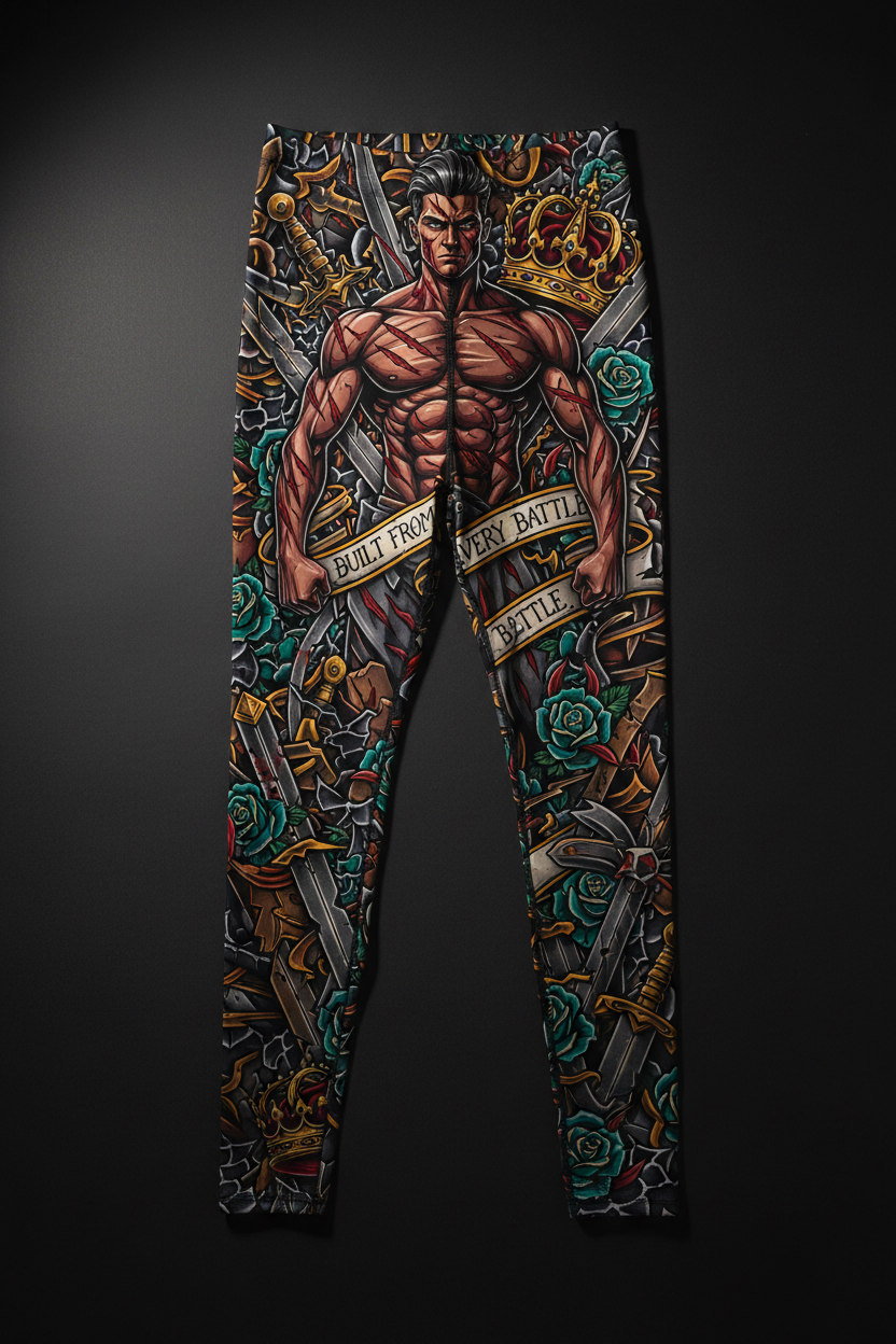 Titan Sport leggings featuring a scarred warrior, swords, and roses print with the text, "Built from every battle."