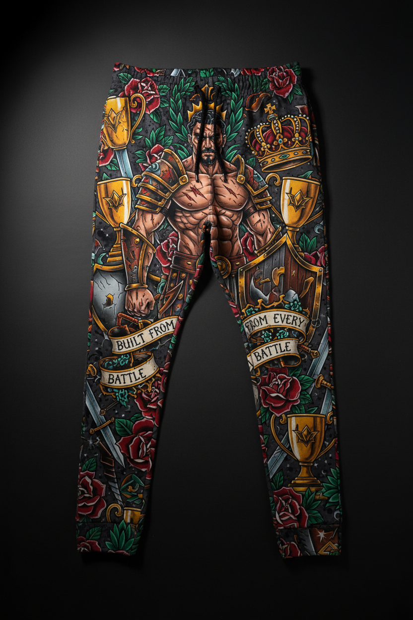 Titan Sport joggers featuring a warrior print, gold trophies, and roses with "Built From Every Battle" text.