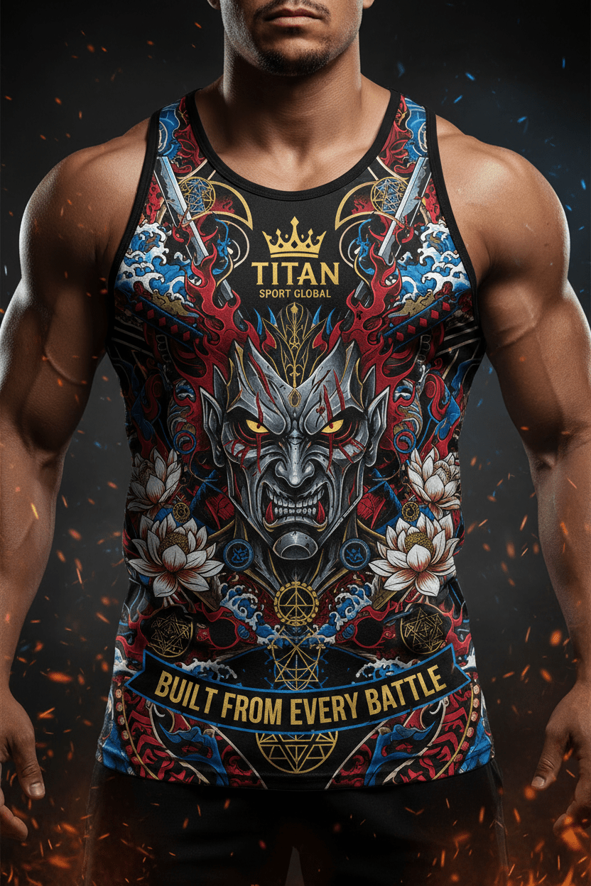 Titan Sport Global tank with fierce oni mask print, lotus flowers, and "Built From Every Battle" motivational slogan.