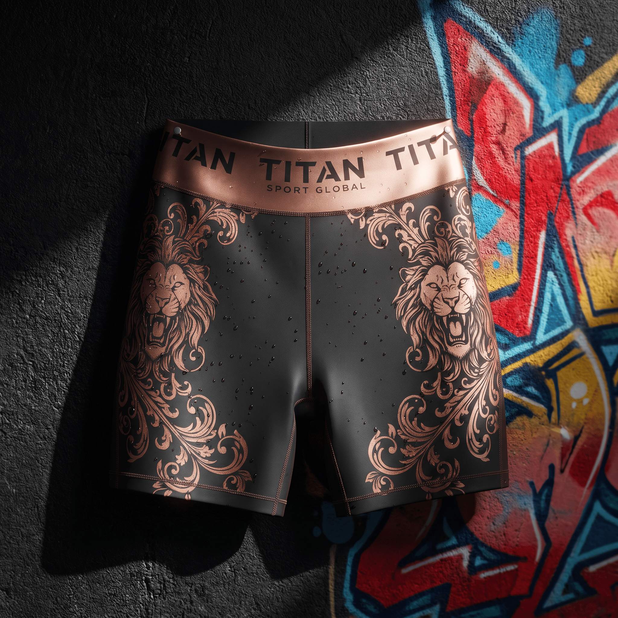 Black athletic compression shorts featuring metallic copper lion-and-scroll prints and a branded waistband.