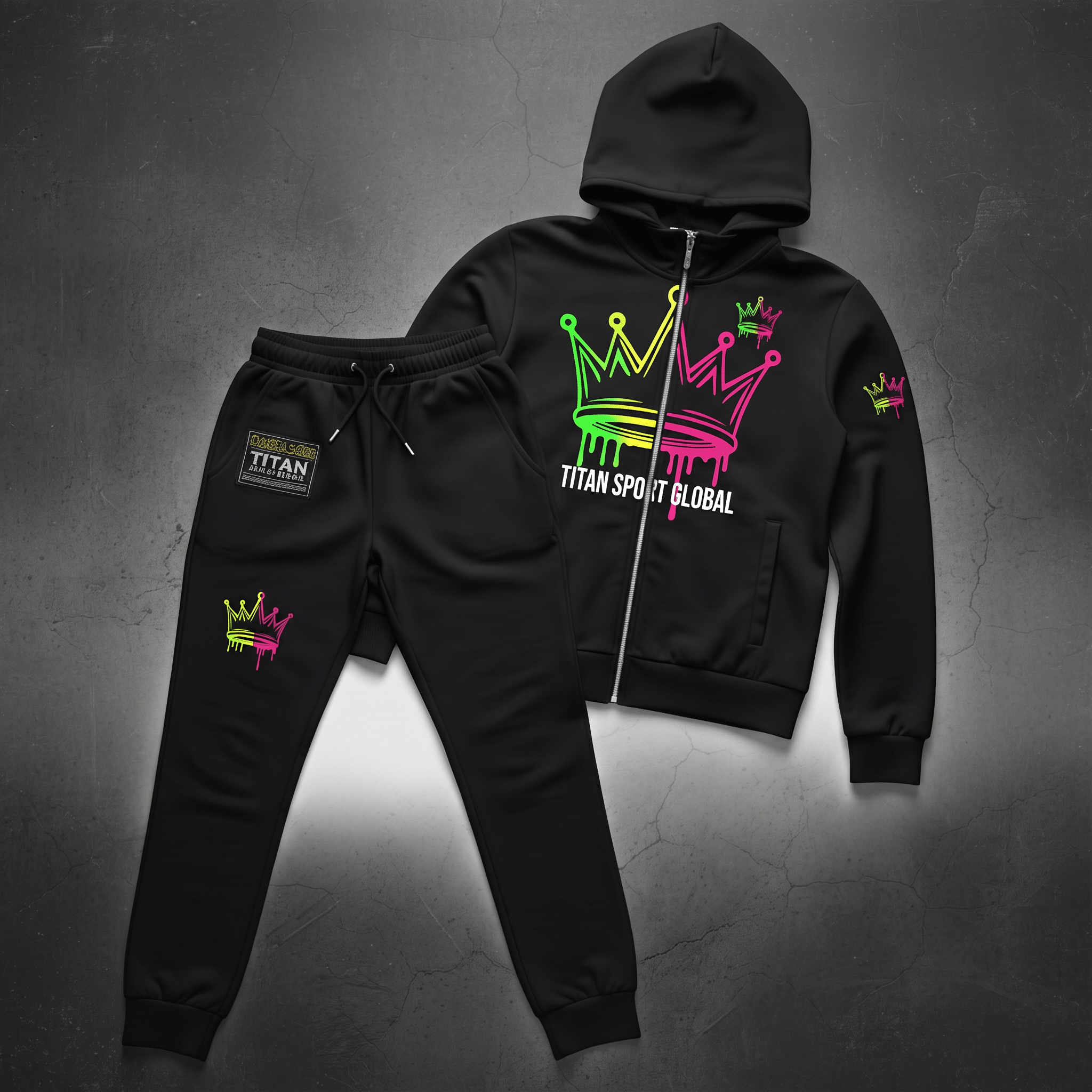 Black zip-up hoodie and sweatpants set featuring neon crown graphics and Titan Sport Global branding.
