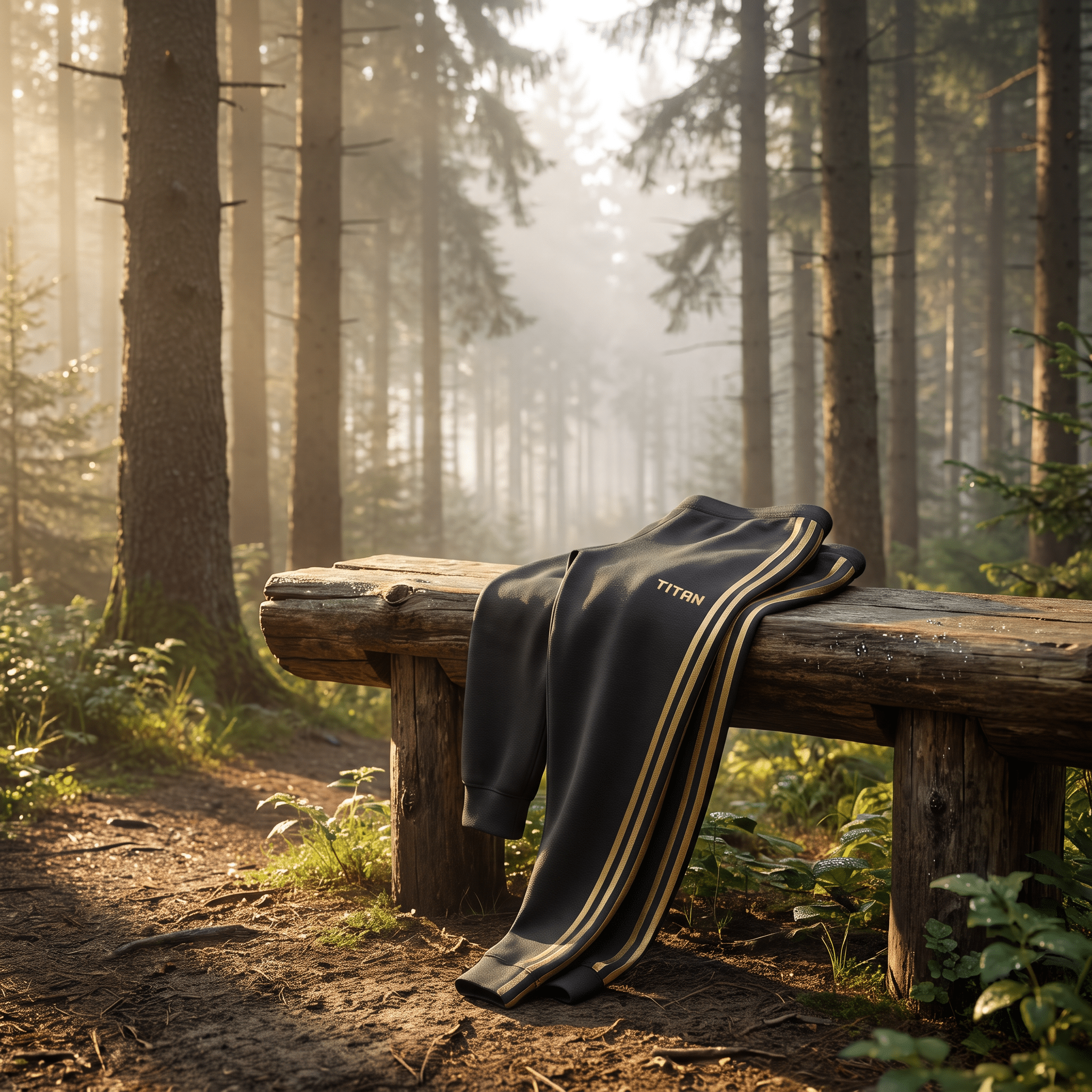 Black athletic joggers with gold stripes and "TITAN" logo resting on a wooden bench in a sunlit forest.