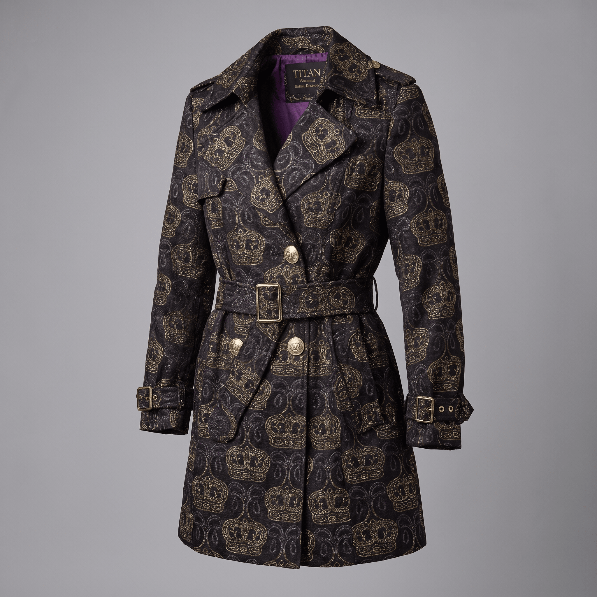 Titan black trench coat with gold crown print and purple lining, belted double-breasted style.