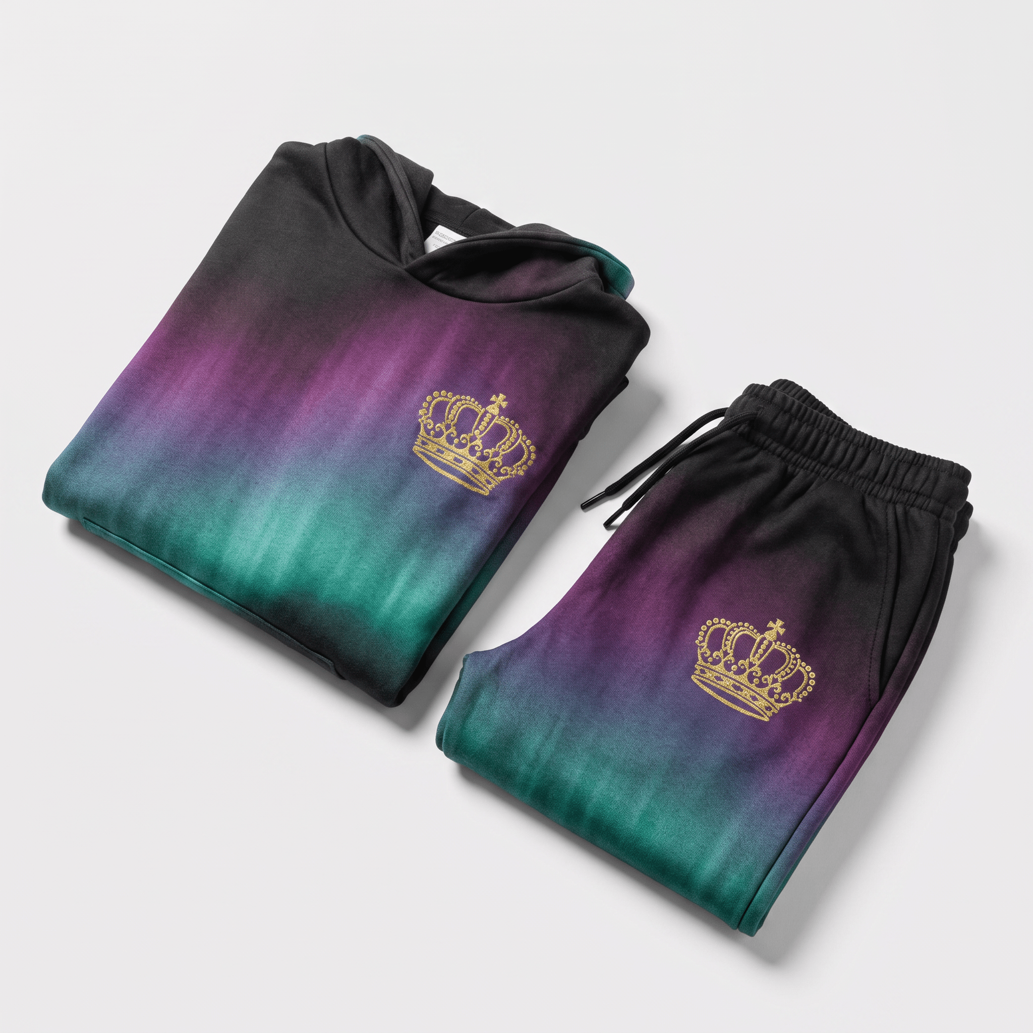 Folded black, purple, and green ombre hoodie and joggers set featuring gold crown graphics.