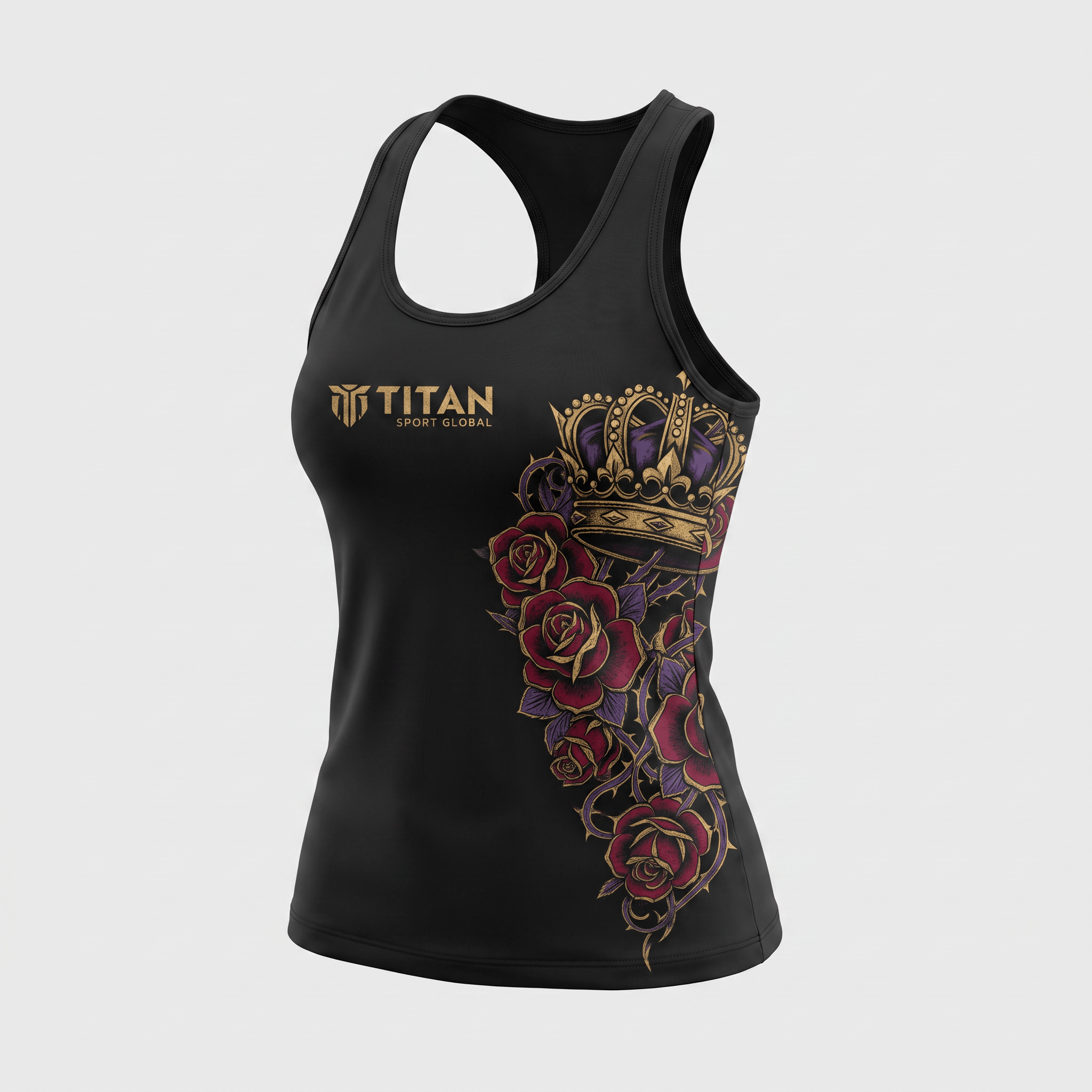 Black racerback tank top with gold Titan Sport Global logo and graphic of red roses and a gold crown.