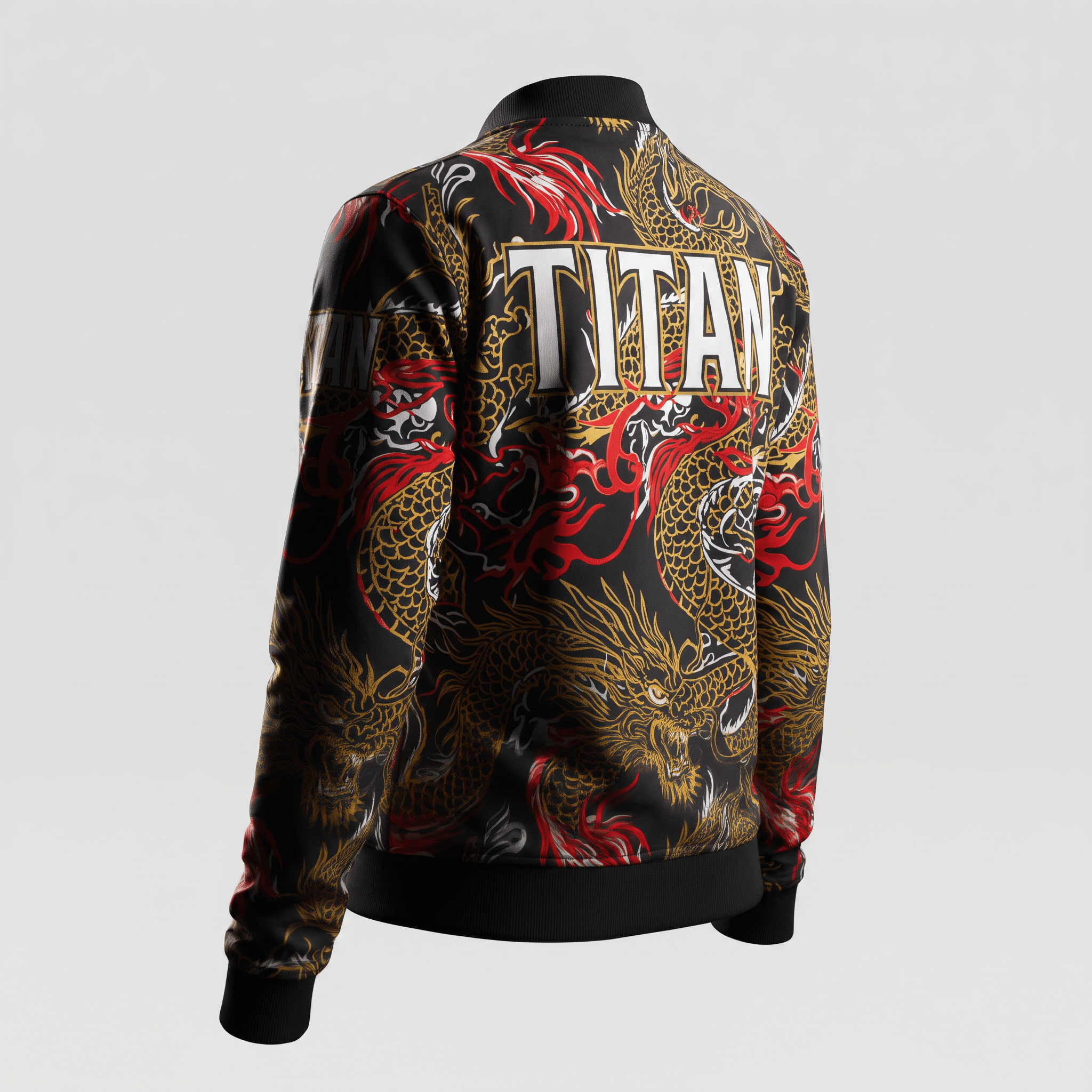 Back view of a black bomber jacket with gold and red dragon print and the word Titan in white.