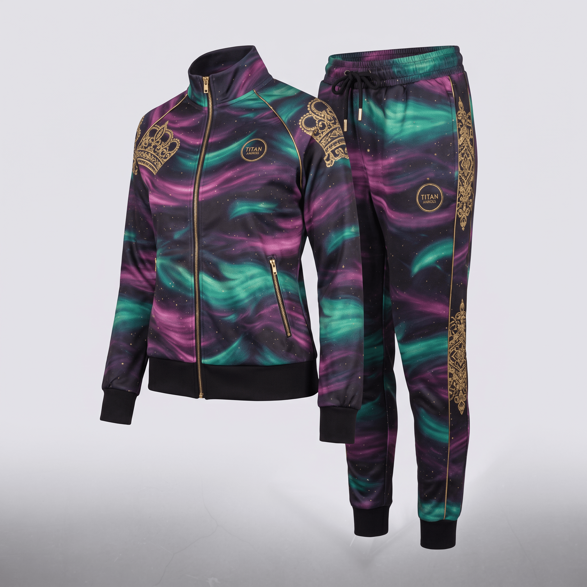 Womens tracksuit featuring purple and green northern lights print with gold crown and filigree accents.