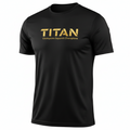 Black short-sleeve athletic crewneck tee with gold "TITAN" logo and "Champions Support Champions" text on chest.