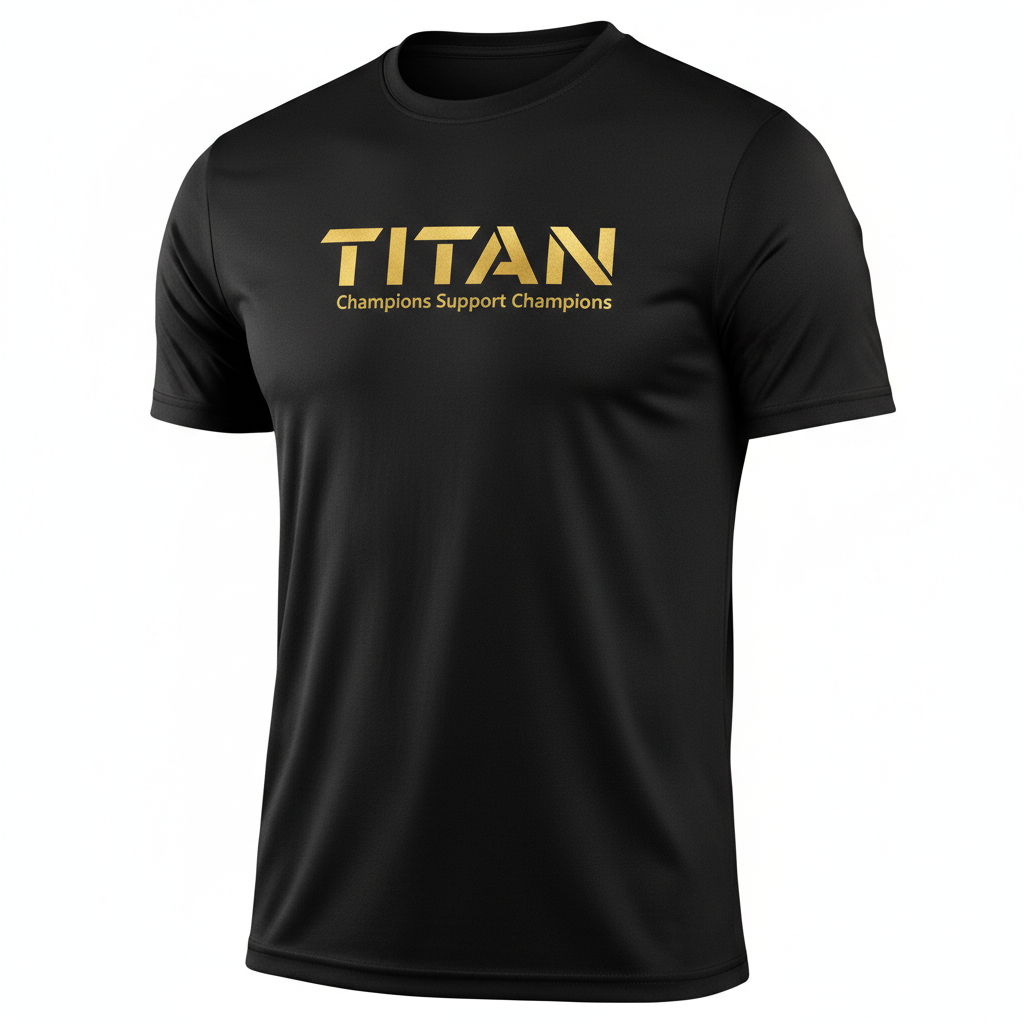 Black short-sleeve athletic crewneck tee with gold "TITAN" logo and "Champions Support Champions" text on chest.