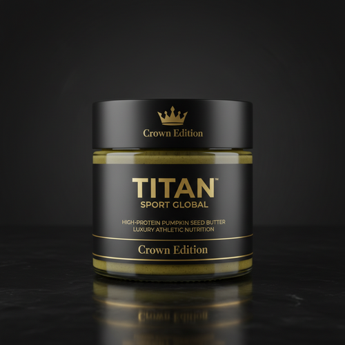 Black glass jar of Titan Sport Global pumpkin seed butter with gold branding, crown logo, and text on a marble surface.
