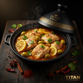 Steaming Moroccan fish tagine with olives, lemon slices, and herbs in a black "Crown Edition" pot on wood.