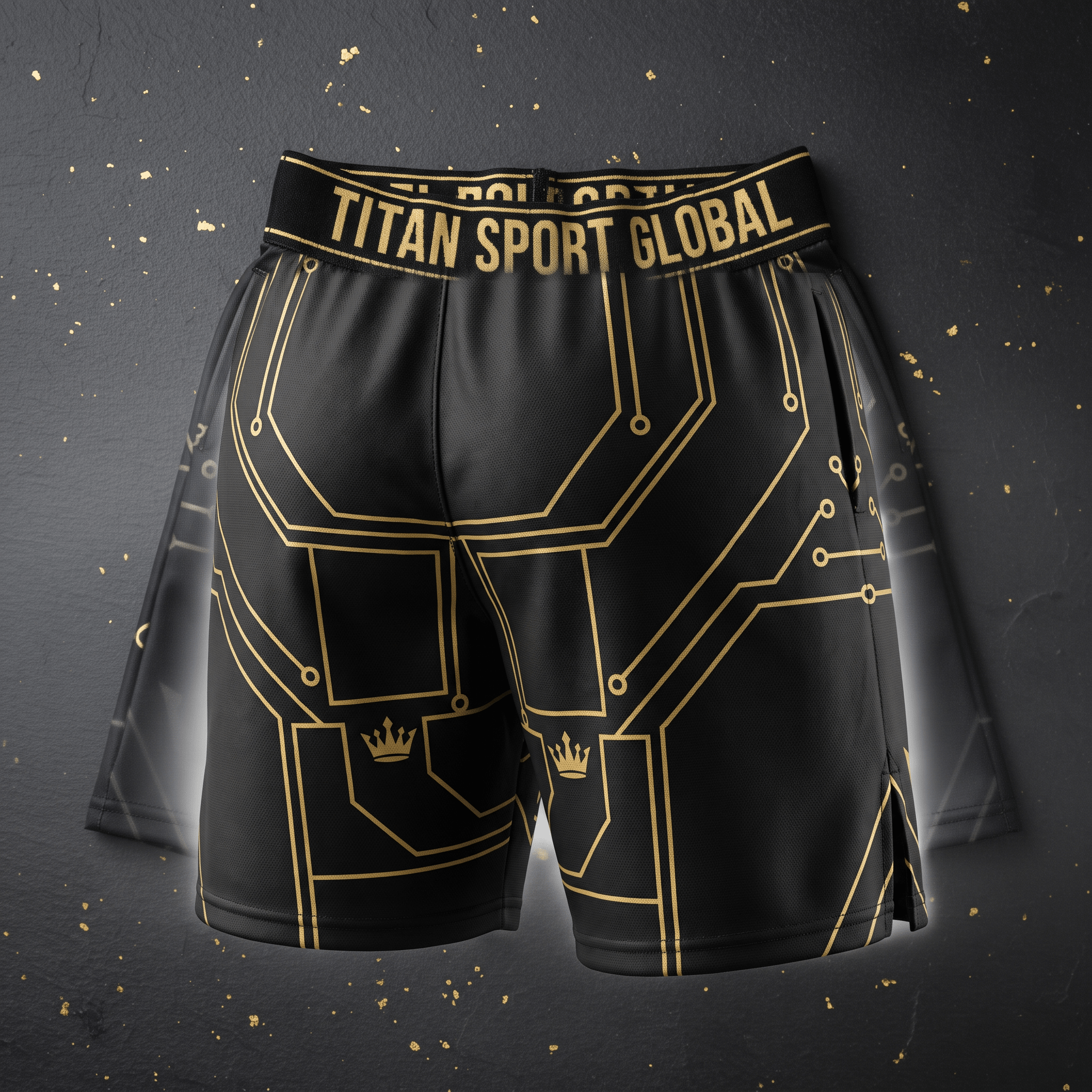 Black athletic shorts with gold circuit board pattern and Titan Sport Global waistband.