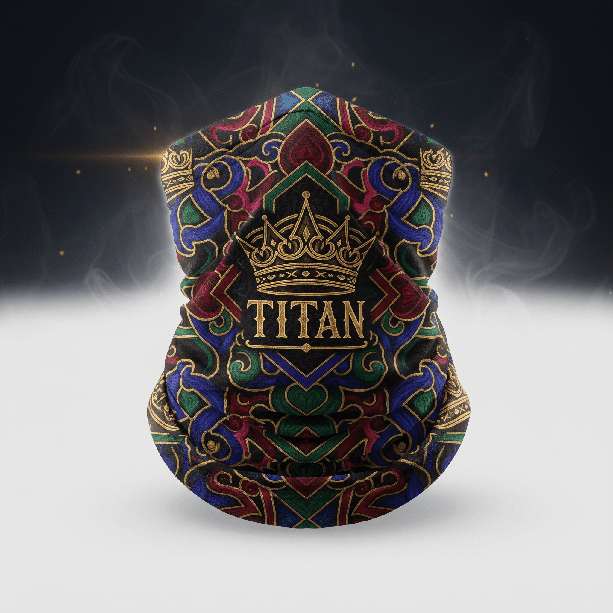 Black neck gaiter with colorful baroque pattern, gold crown graphic, and Titan text.
