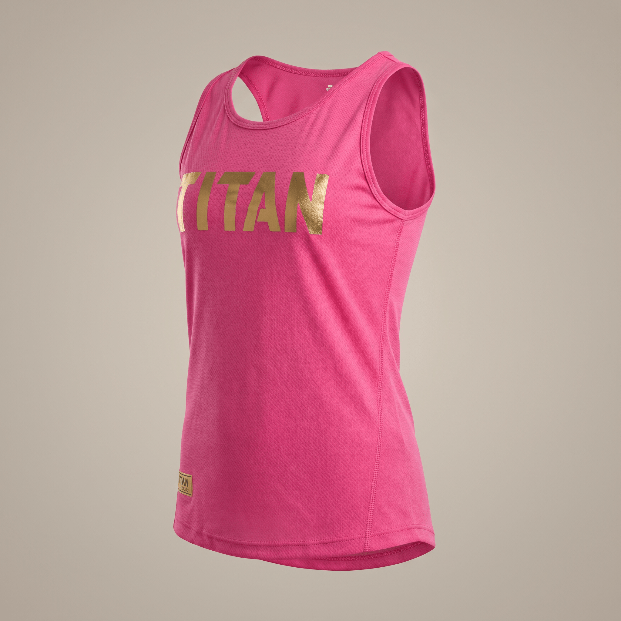 Bright pink athletic tank top with metallic gold Titan logo on the chest against a neutral background.