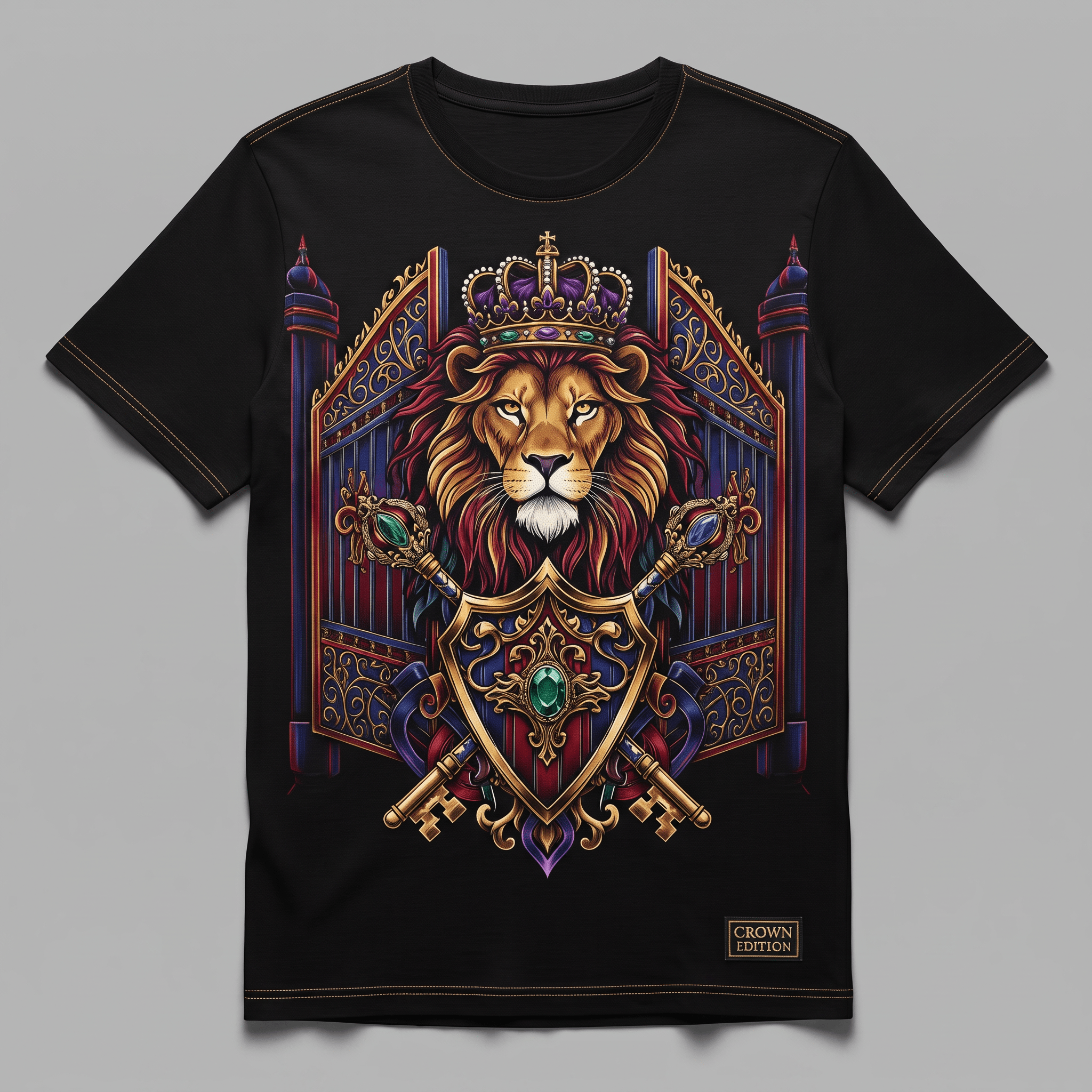 Black t-shirt featuring a regal crowned lion graphic with a shield, scepters, and ornate gates.