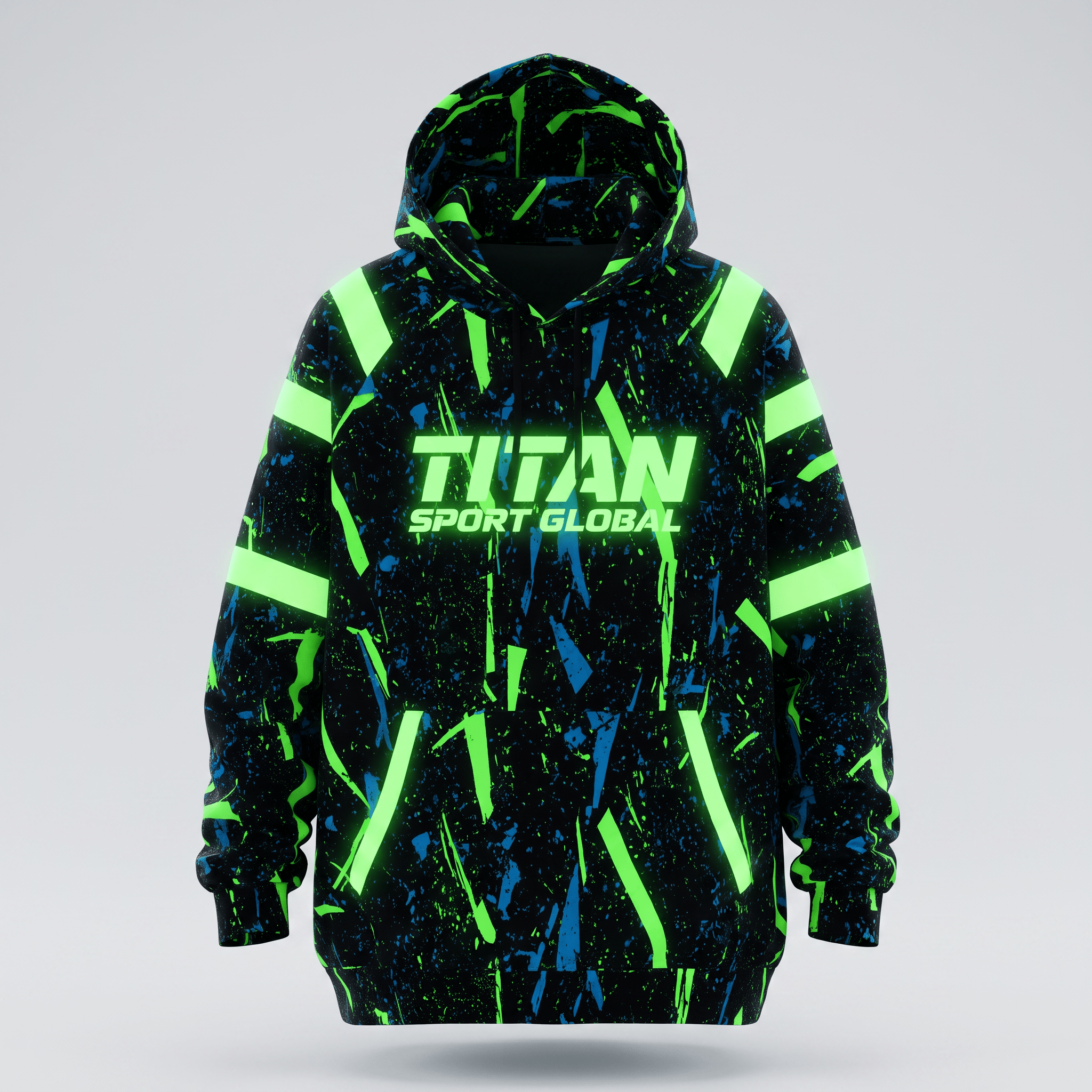 Black hoodie with neon green and blue paint splatter pattern, featuring Titan Sport Global logo on the chest.