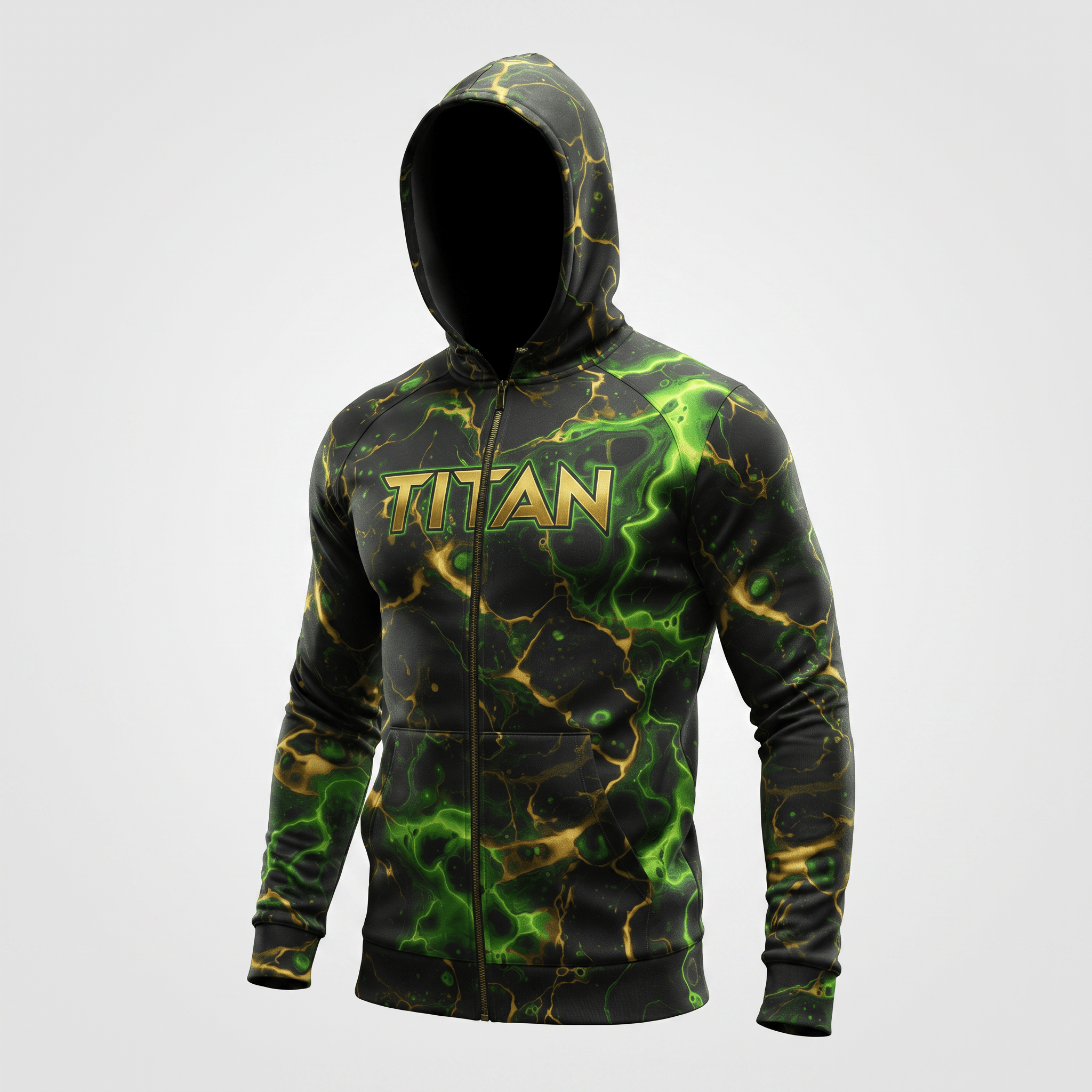 Black zip-up hoodie featuring green and gold marble energy pattern with Titan logo on chest against light background.
