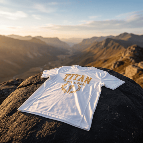 White athletic t-shirt with gold "TITAN Track & Field" graphic on a rock with mountain landscape background.