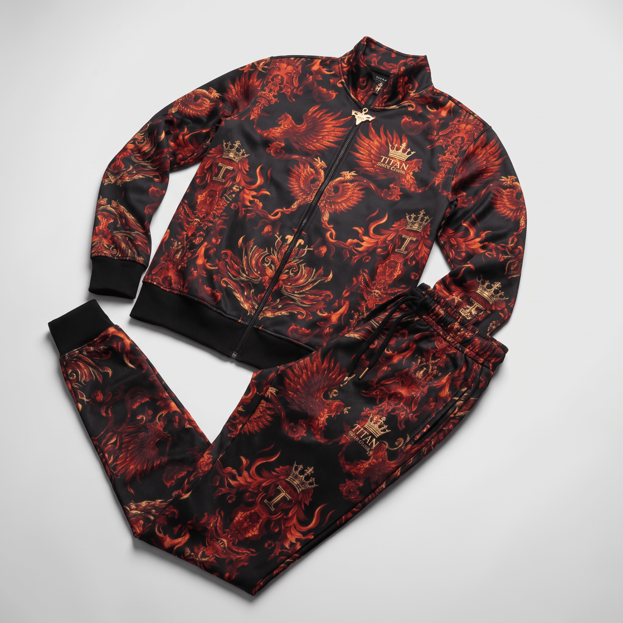 Black and red tracksuit with a gold baroque crown and phoenix print, featuring a zip jacket and matching joggers.