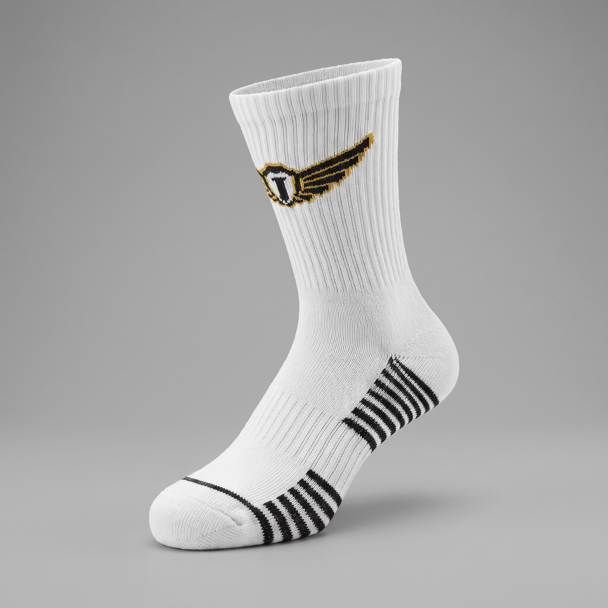 White athletic crew sock featuring a black and gold winged logo and black stripe accents on the arch and toe.
