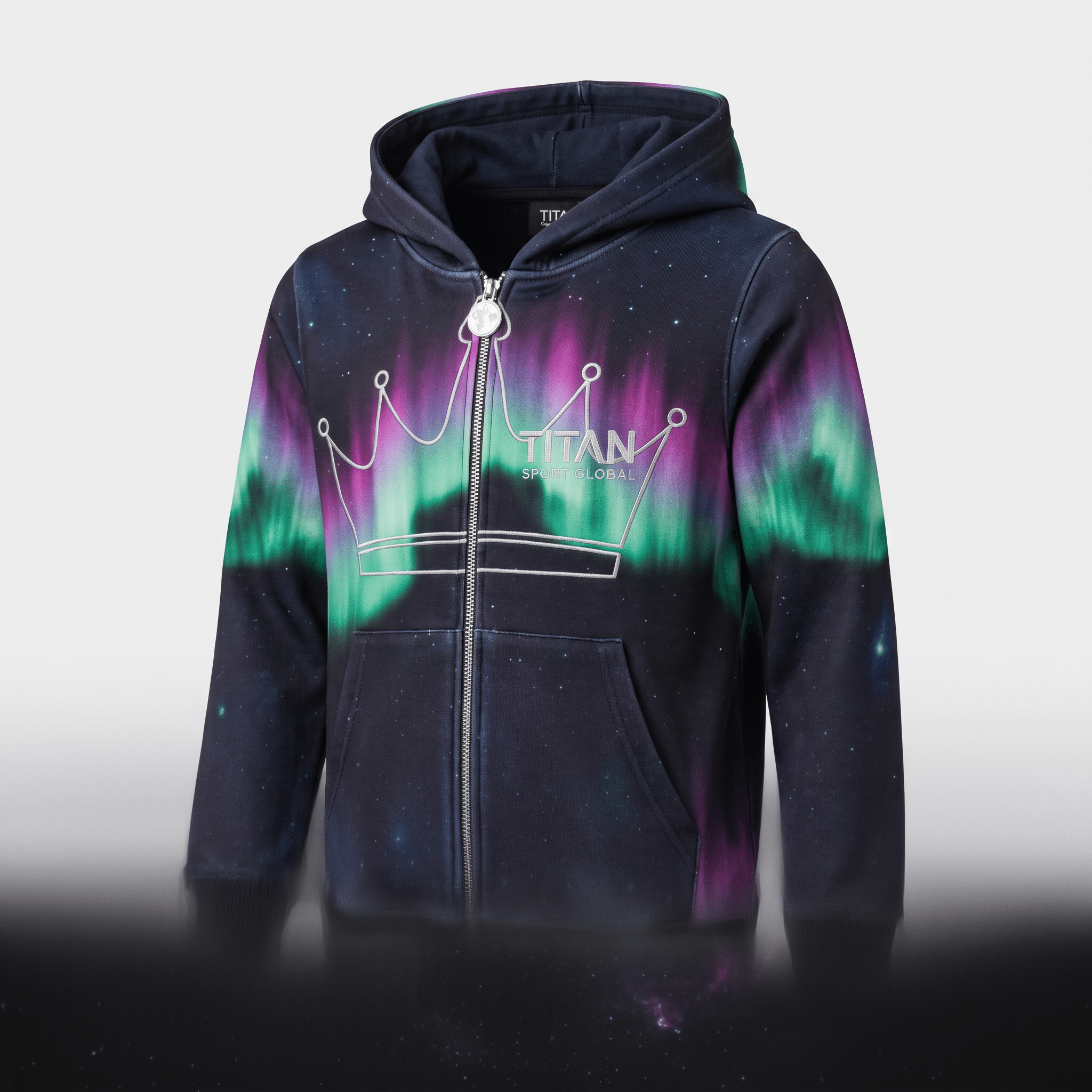 Black zip-up hoodie featuring a purple and green aurora borealis print and white Titan crown logo.