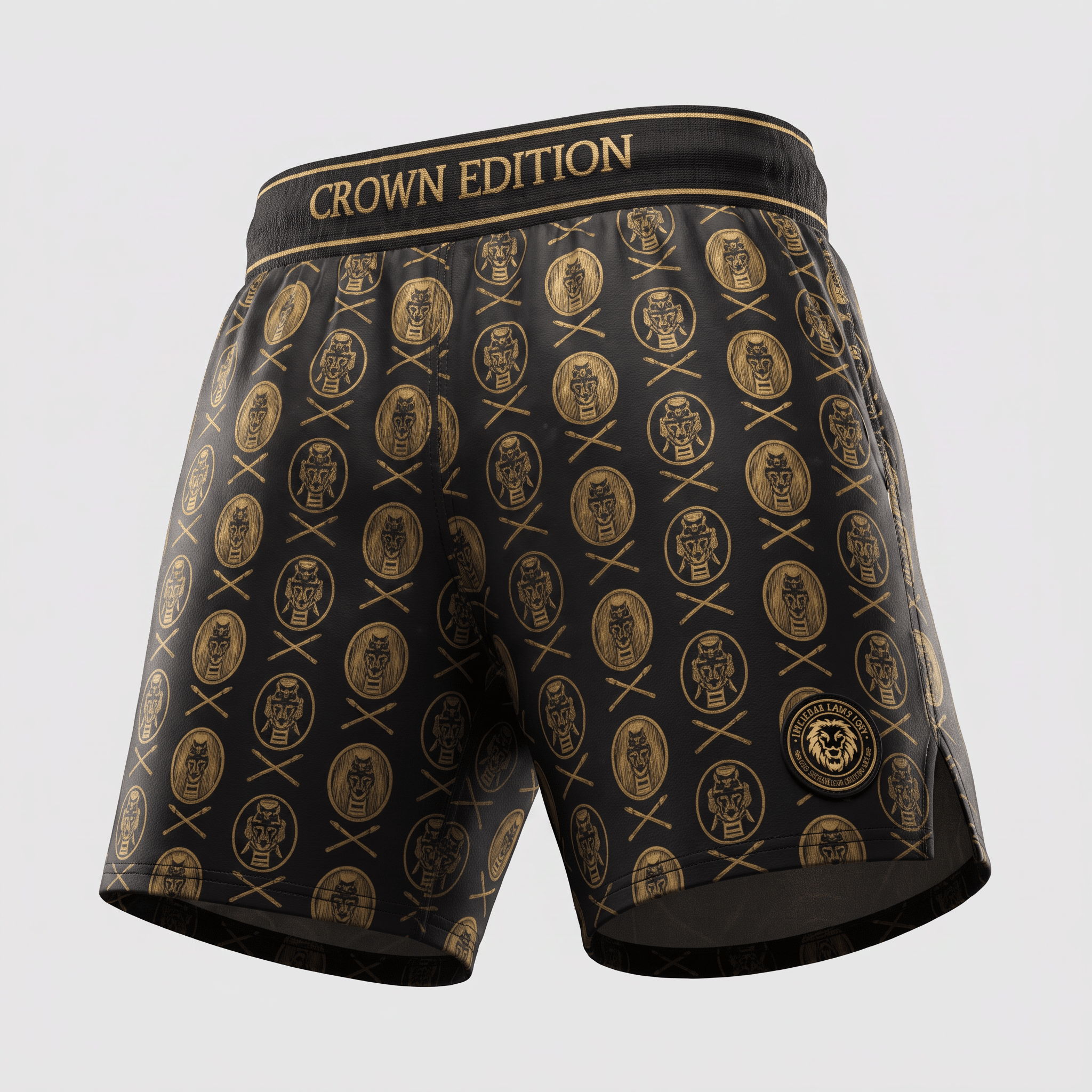 Black Crown Edition training shorts with an all-over gold warrior crest pattern and elastic waistband.