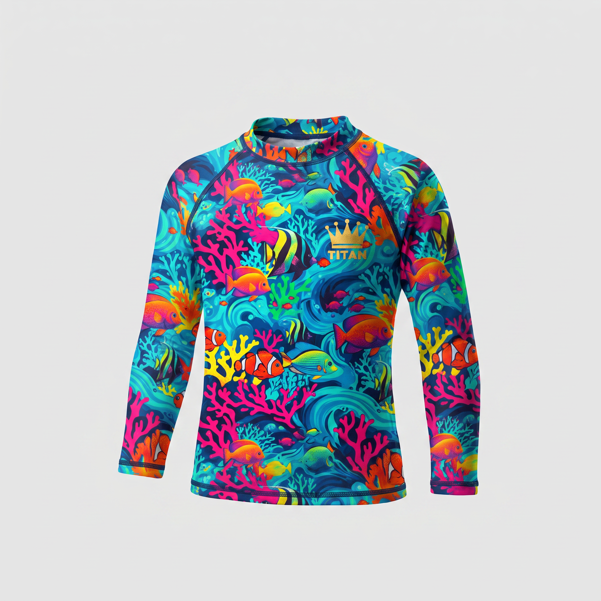 Long-sleeve rash guard featuring a vibrant blue, pink, and yellow coral reef fish print with a gold crown logo.