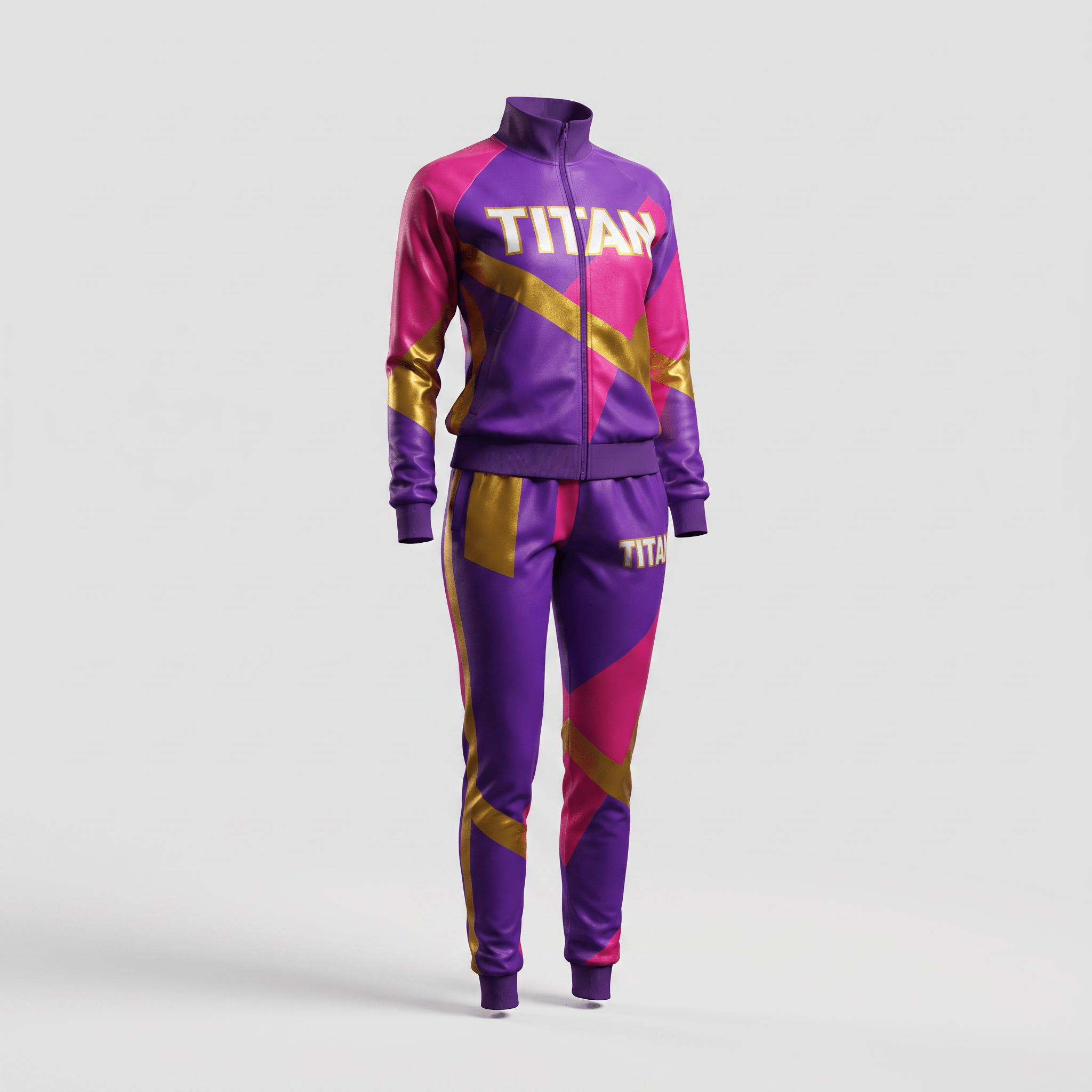 Purple and pink athletic tracksuit with gold geometric accents and Titan branding on a mannequin.