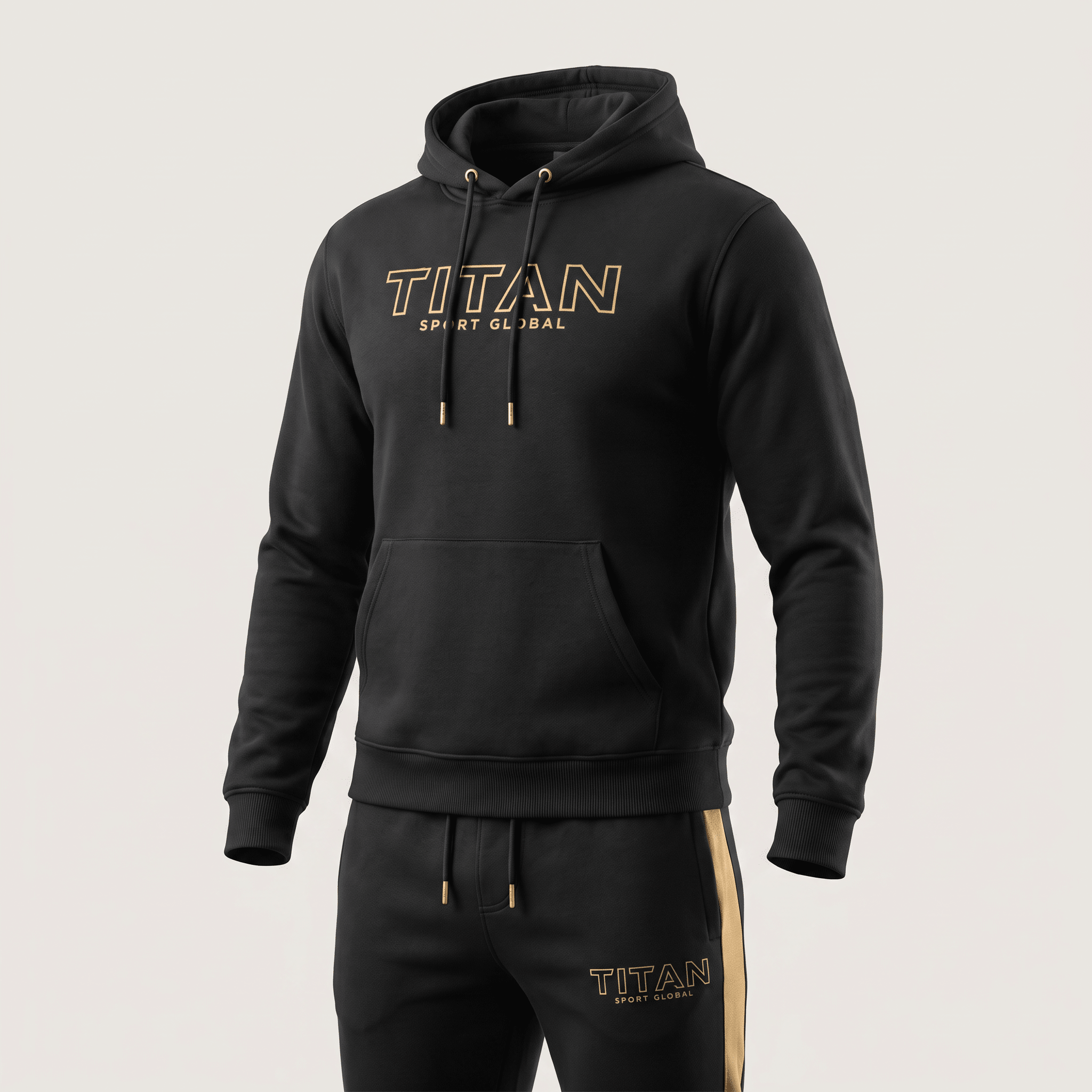 Black Titan Sport Global hoodie with gold lettering, matching drawstring, and front pocket.