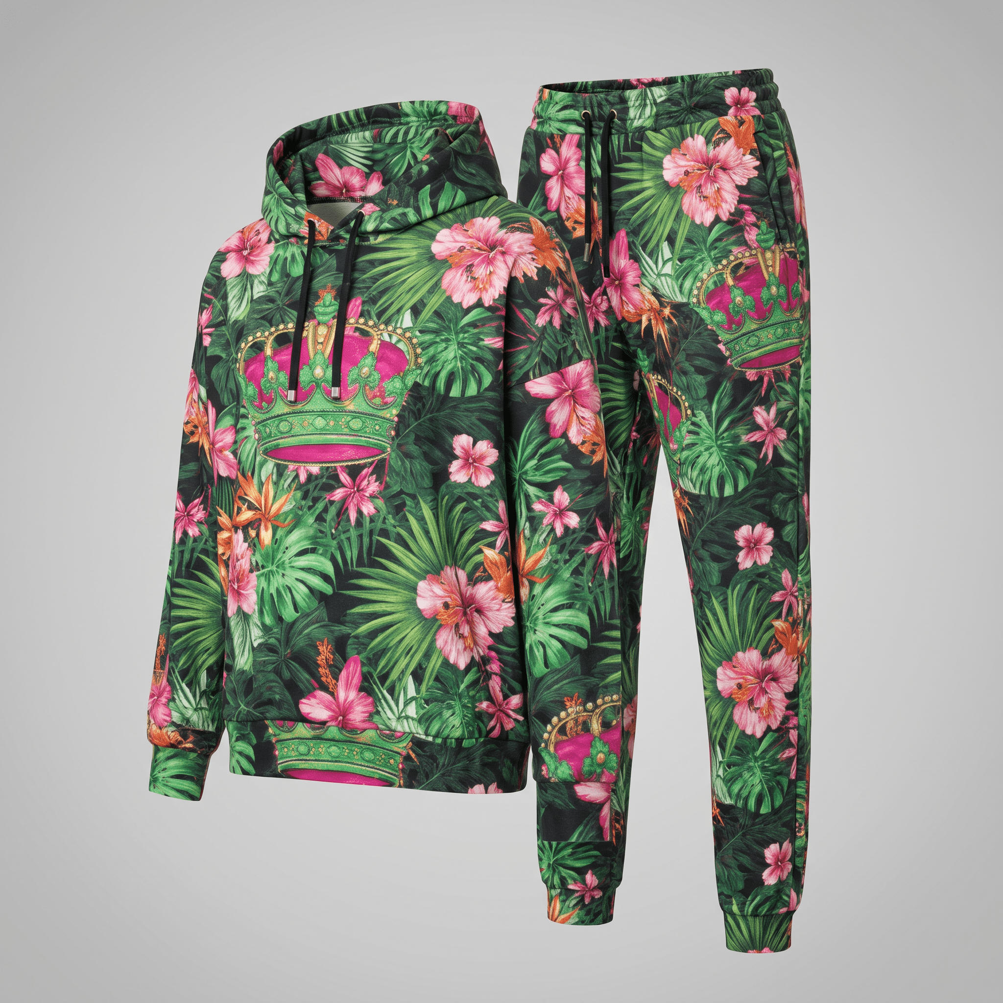 Green tropical floral hoodie and joggers set featuring pink hibiscus flowers and crown graphics.